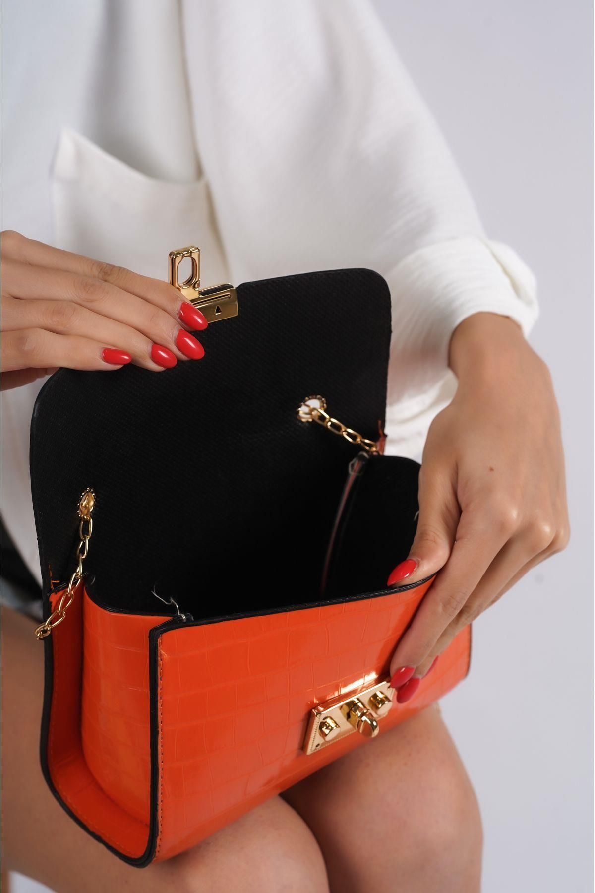 Mubiano-1140-Orj Rectangular Form Chain Strap Crocodile Pattern Strap Shoulder, Hand and Arm Bag 4
