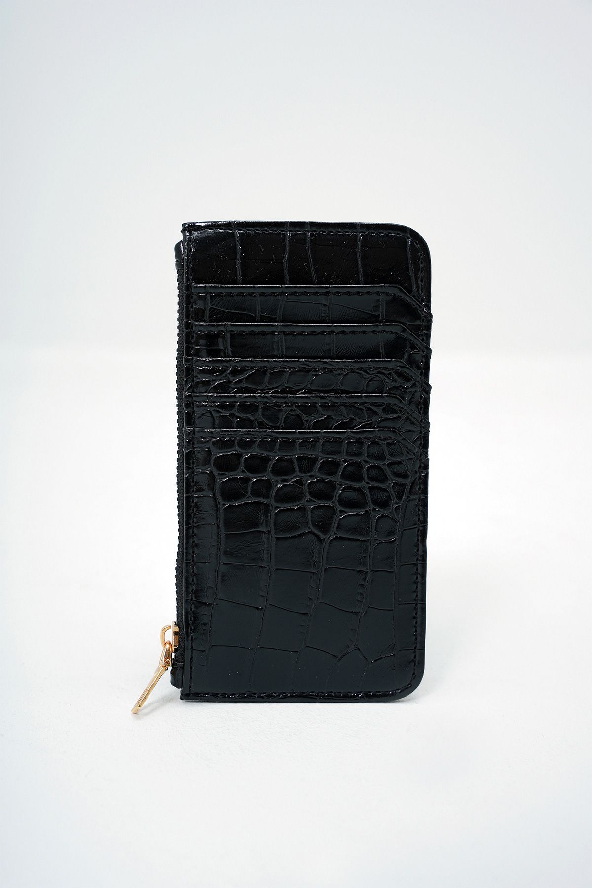 VAGGON-Women's Black Synthetic Leather Zippered Currency Compartment Croco Pattern Thin Card Holder Prmx14078 2