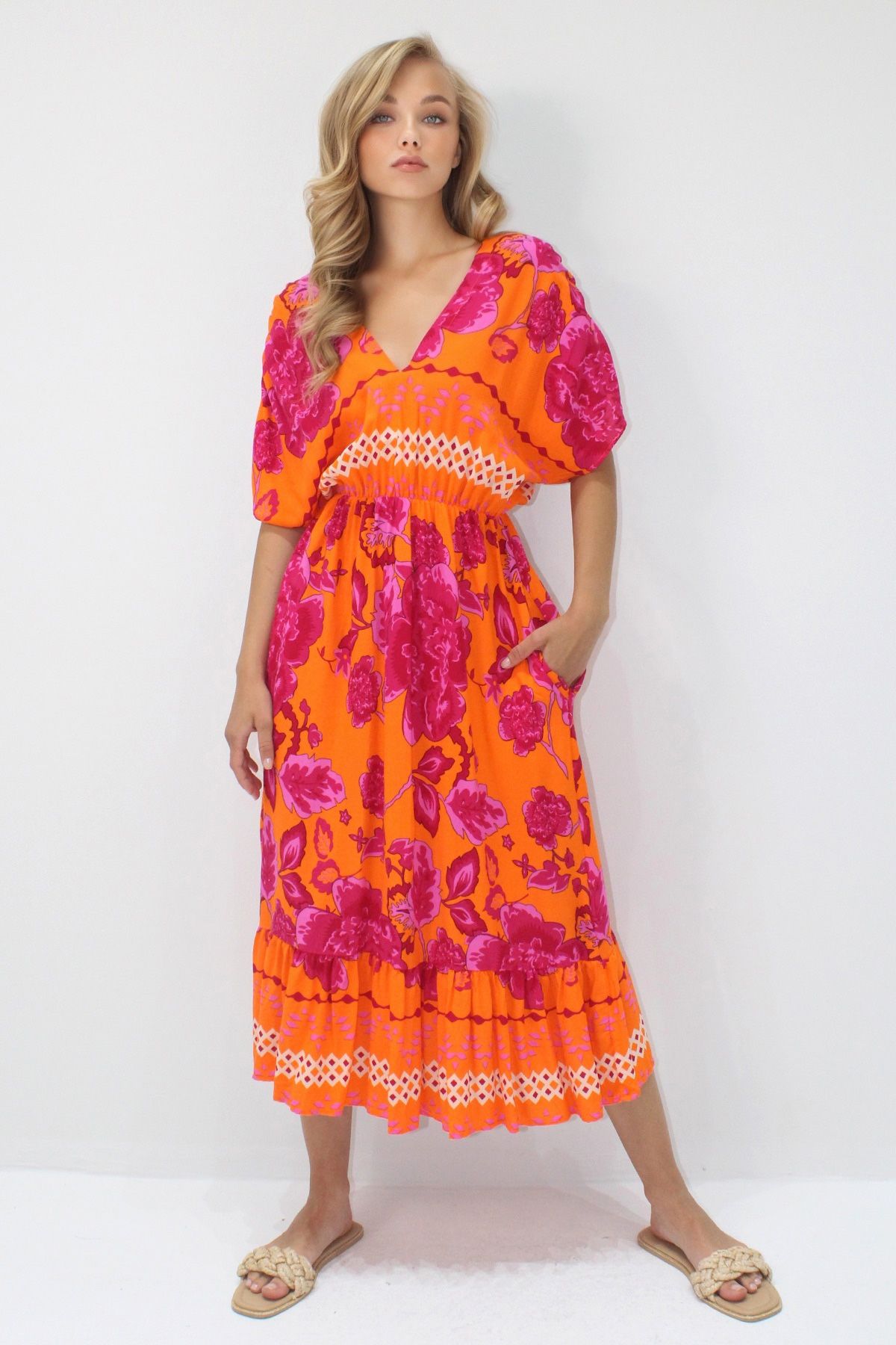VAGGON-Femei Portocaliu Fucsia FAȚĂ SPATE Gât în ​​V FUSTĂ CU MODEL ROCHIE DE VARĂȚIȚĂ PRMX14199 4