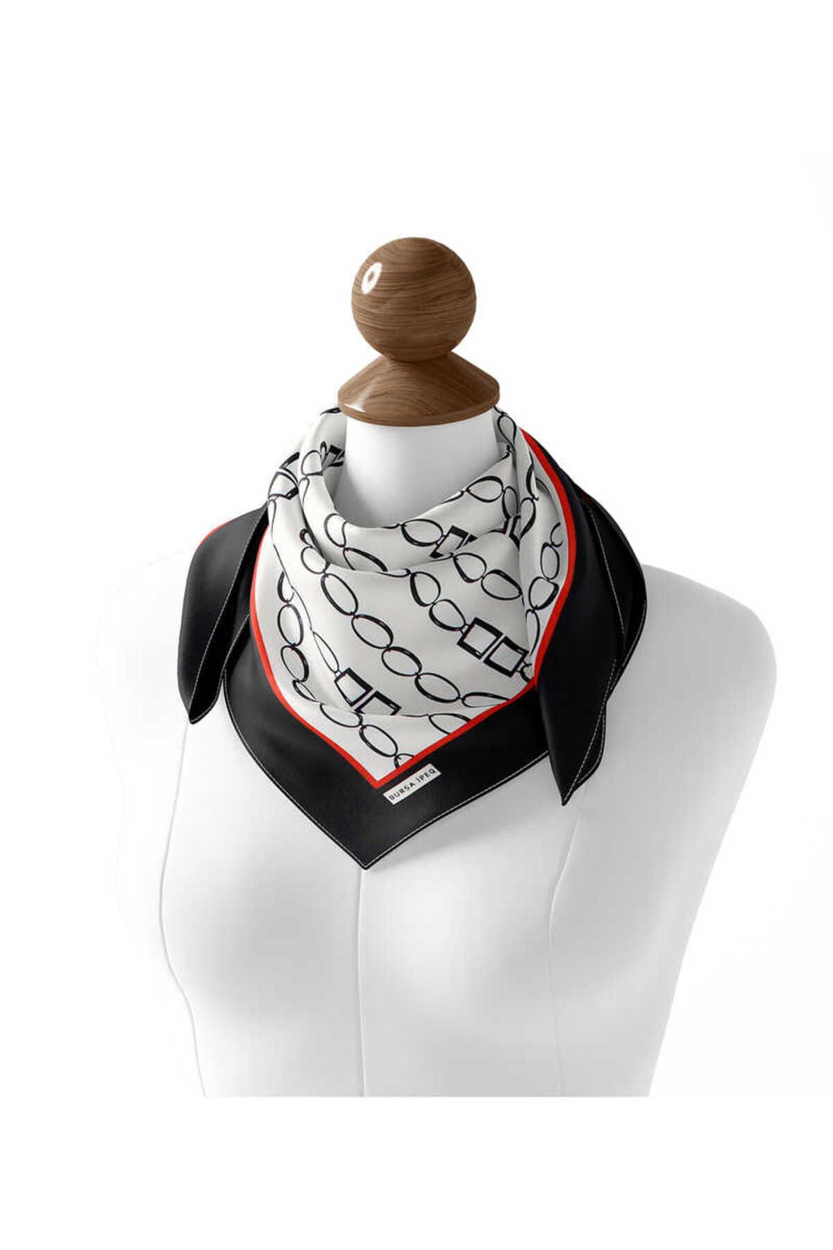 Bursa İpek-Ecru Black Chain Pattern Twill Silk Scarf 3