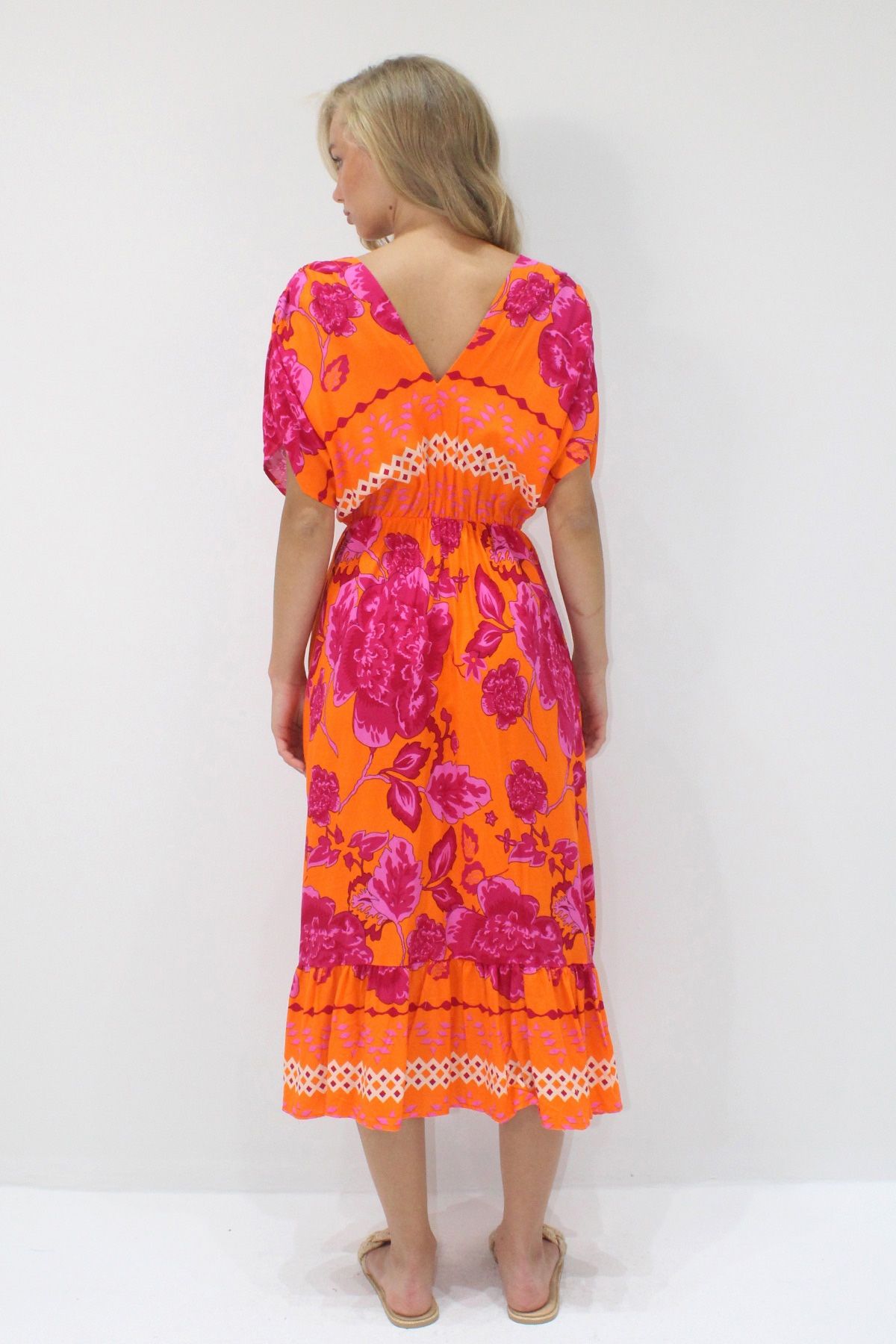 VAGGON-Femei Portocaliu Fucsia FAȚĂ SPATE Gât în ​​V FUSTĂ CU MODEL ROCHIE DE VARĂȚIȚĂ PRMX14199 5