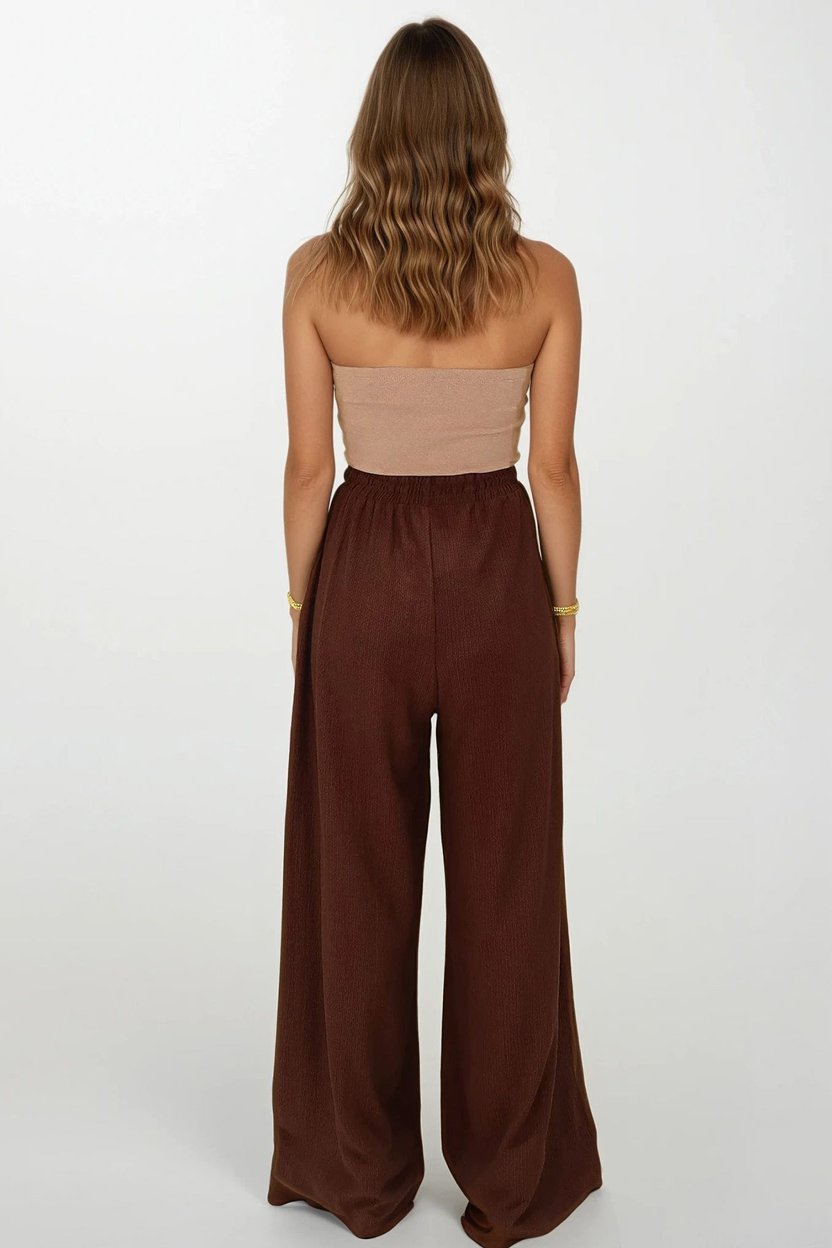 VAGGON-Women's Brown Double Pockets Elastic Waist Tie Palazzo Pants Vs00185 5