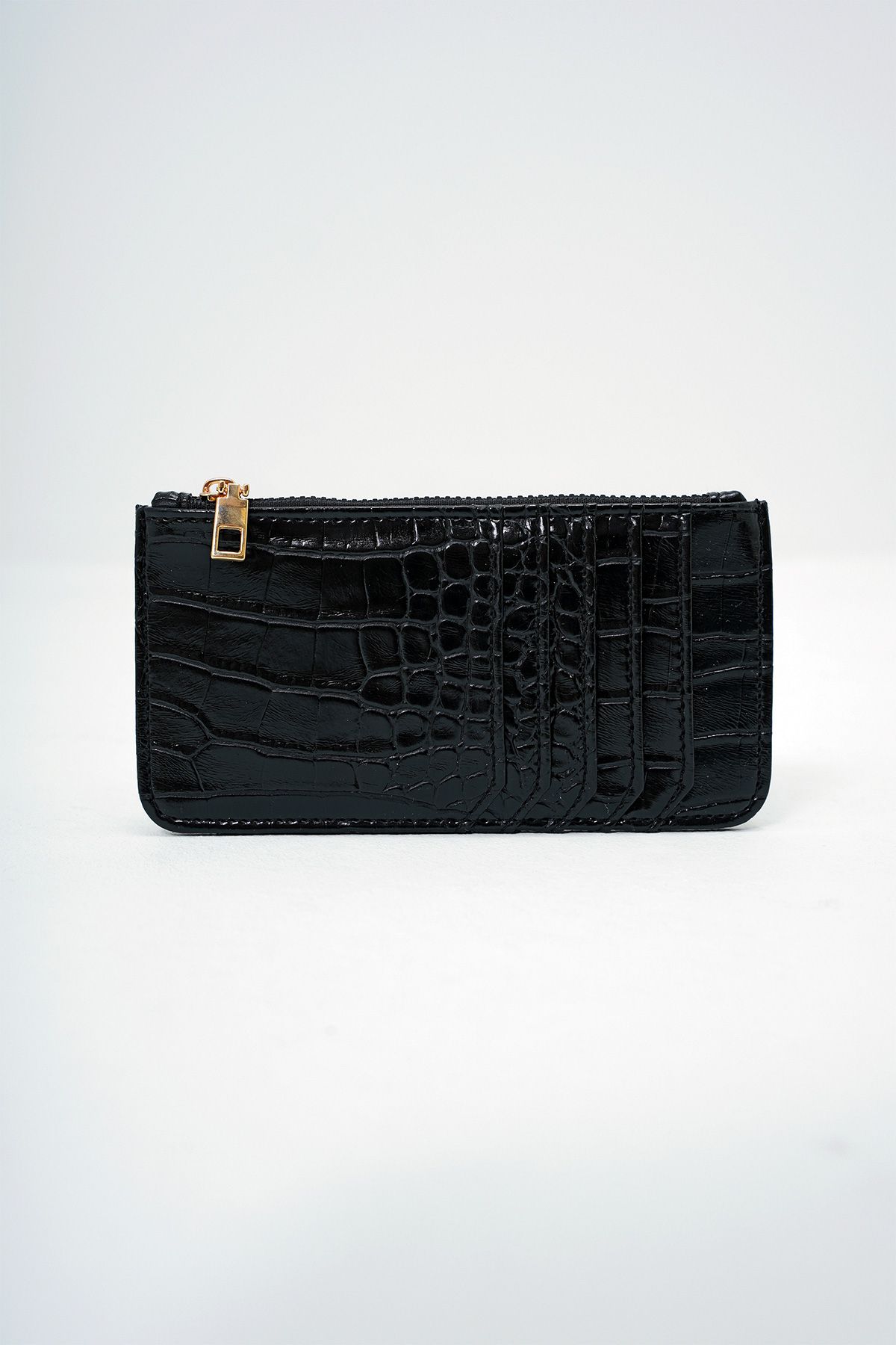 VAGGON-Women's Black Synthetic Leather Zippered Currency Compartment Croco Pattern Thin Card Holder Prmx14078 1
