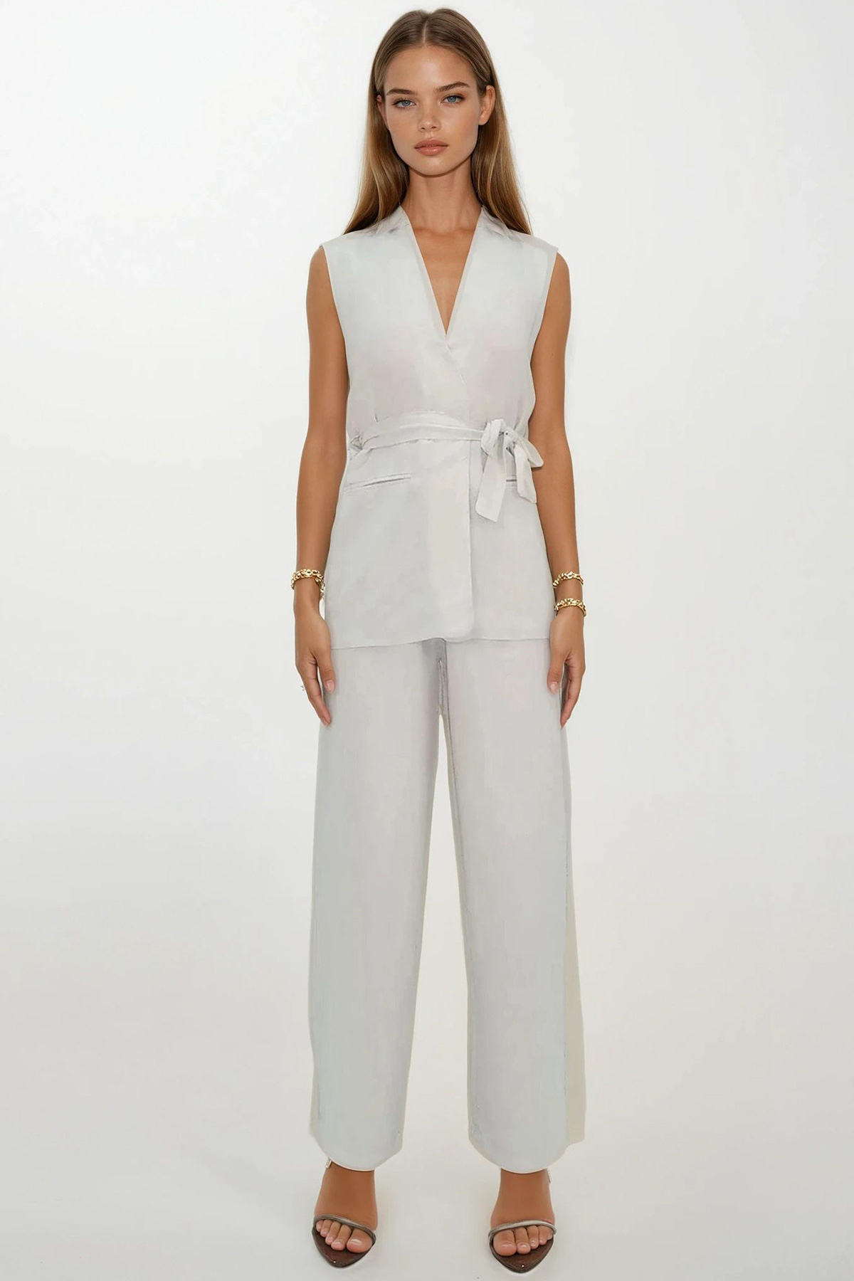 VAGGON Kadın KREM ÇİFT CEPLİ BAĞLAMALI KETEN PANTOLON YELEK TAKIM PRMX14064