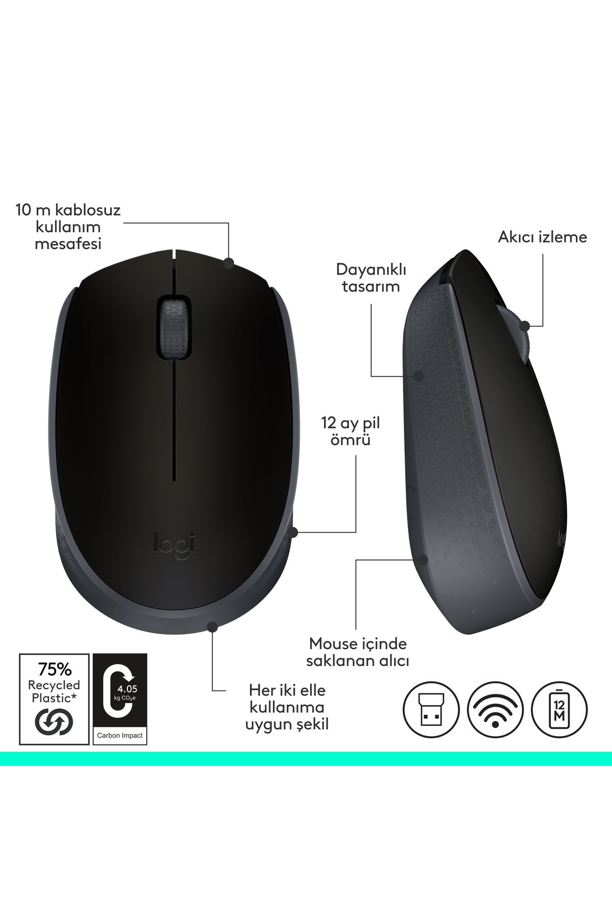 logitech-ماوس لاسلكي مدمج M171 مع جهاز استقبال USB - أسود 910- 004424 8