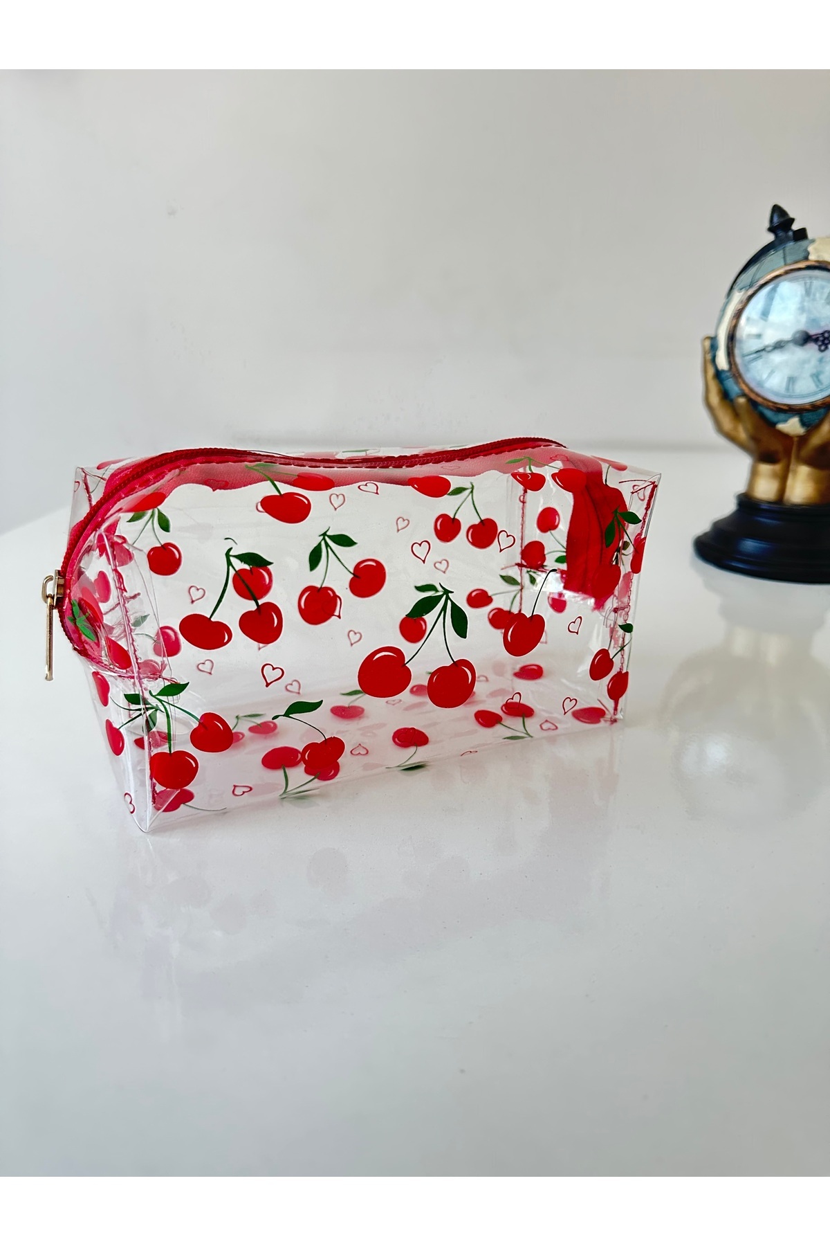 SENEM DESİGN Çok Amaçlı Kiraz Desenli Şeffaf Makyaj Çantası Ve Kalemlik