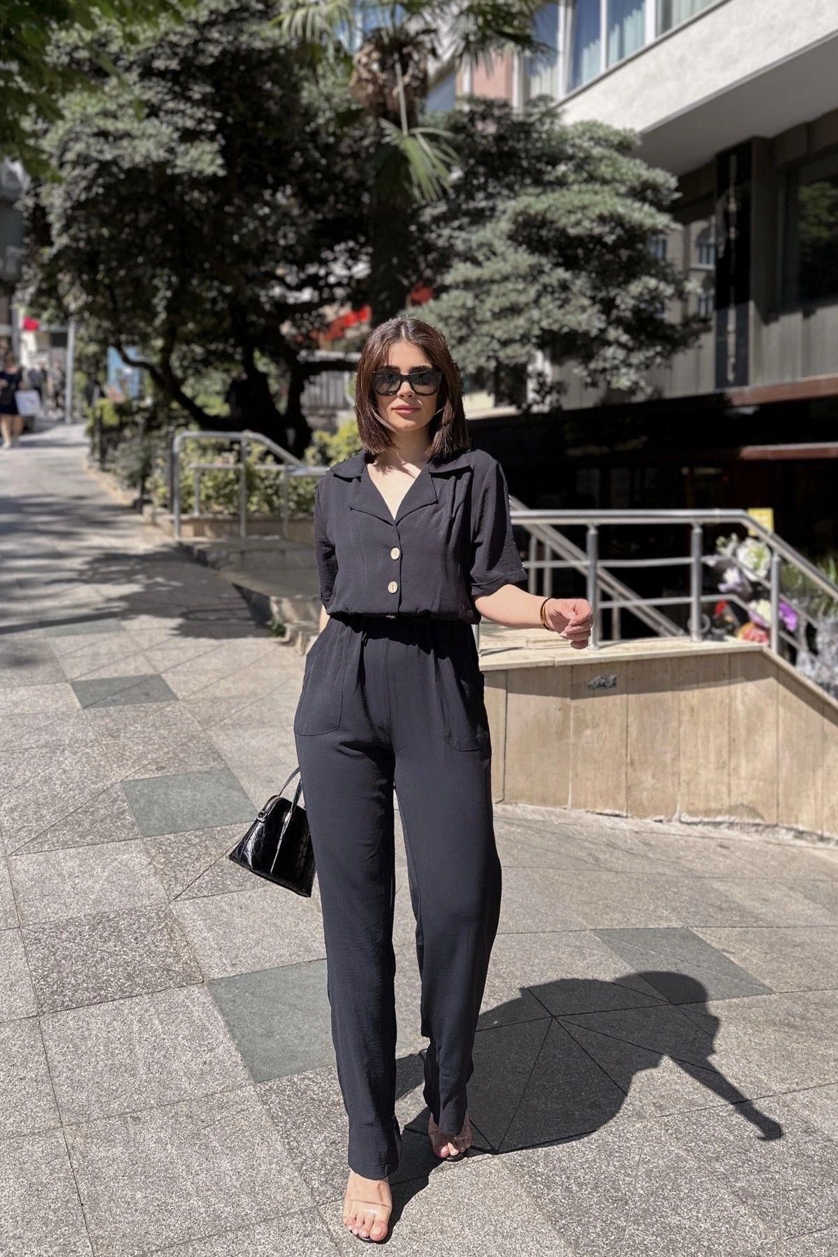 NEW LAVİVA-BlacK Linen/Airobin Overalls - Apache Collar, Short Sleeve, Relaxed Fit, Half PlacKet and Drawstring Waist 3