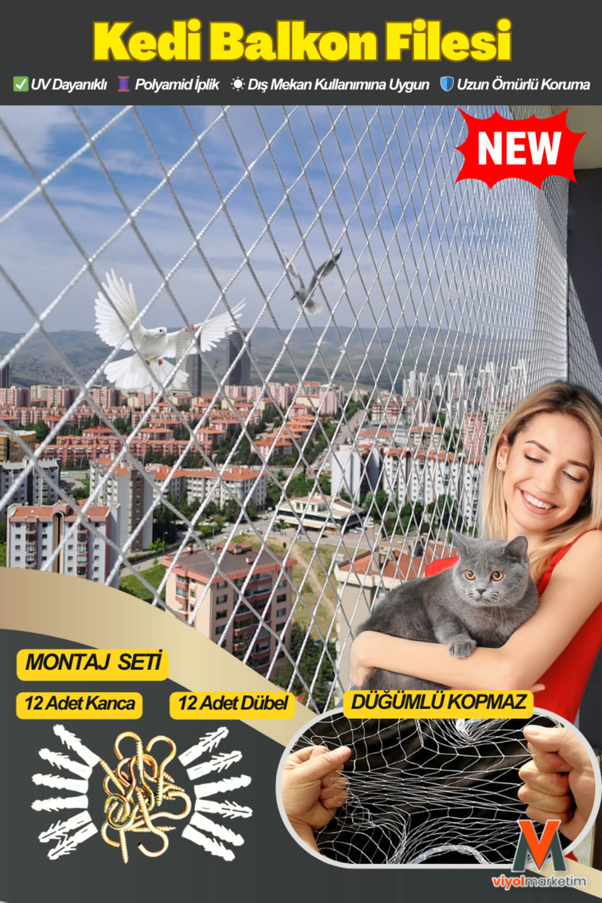 viyolmarketim Kedi Ve Kuş Balkon Filesi 2,5x6m – Uv Dayanıklı Güvenlik Filesi Kanca Ve Dübel Dahil