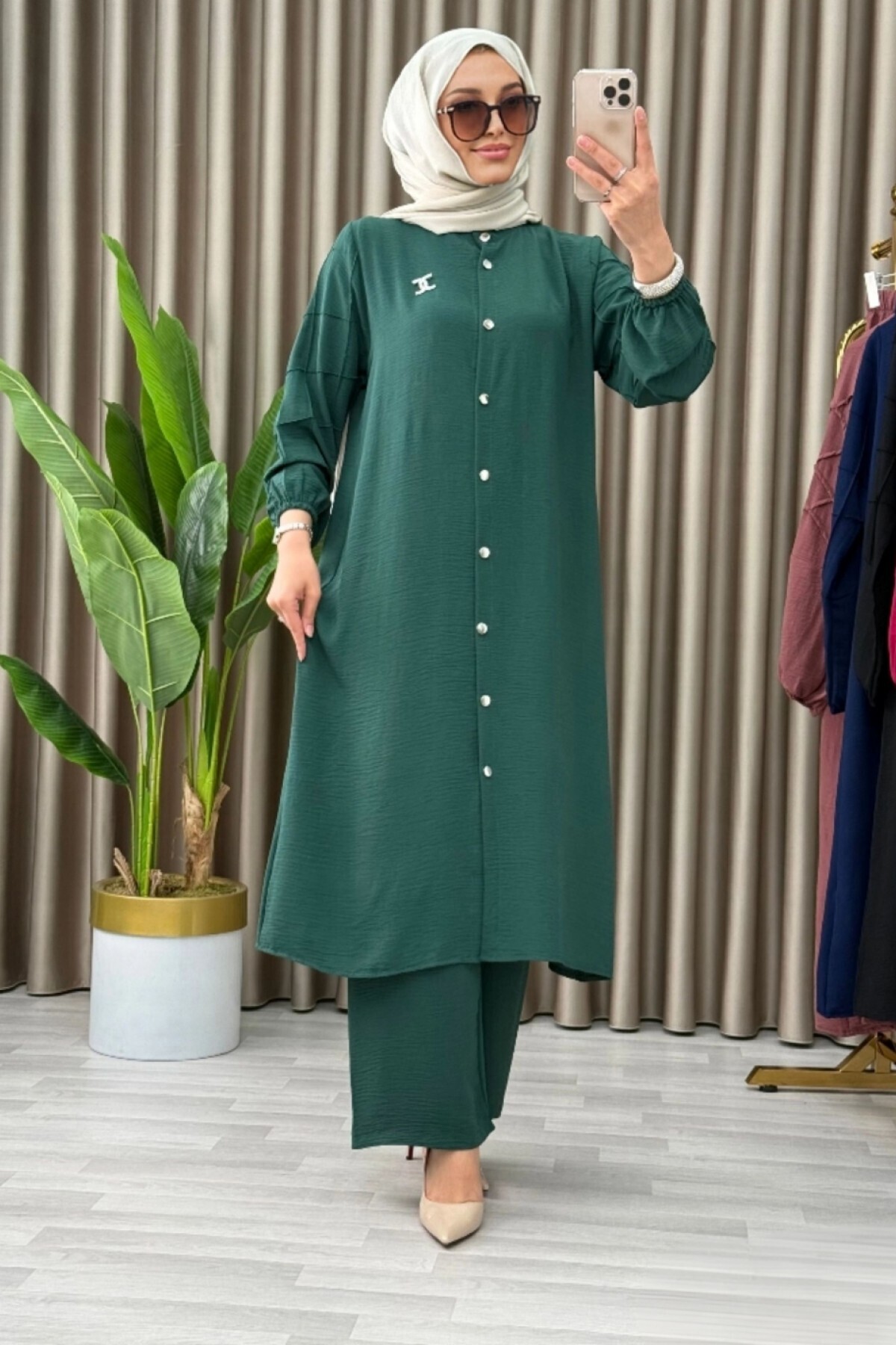 Mercan-Ayça Takim Emerald Button Hijab Tunic Pants Set Aerobin Fabric Relaxed Fit 1