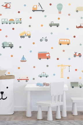 Sim Tasarım Pastel Renk Araçlar Arabalar Çocuk Odası Duvar Sticker Seti