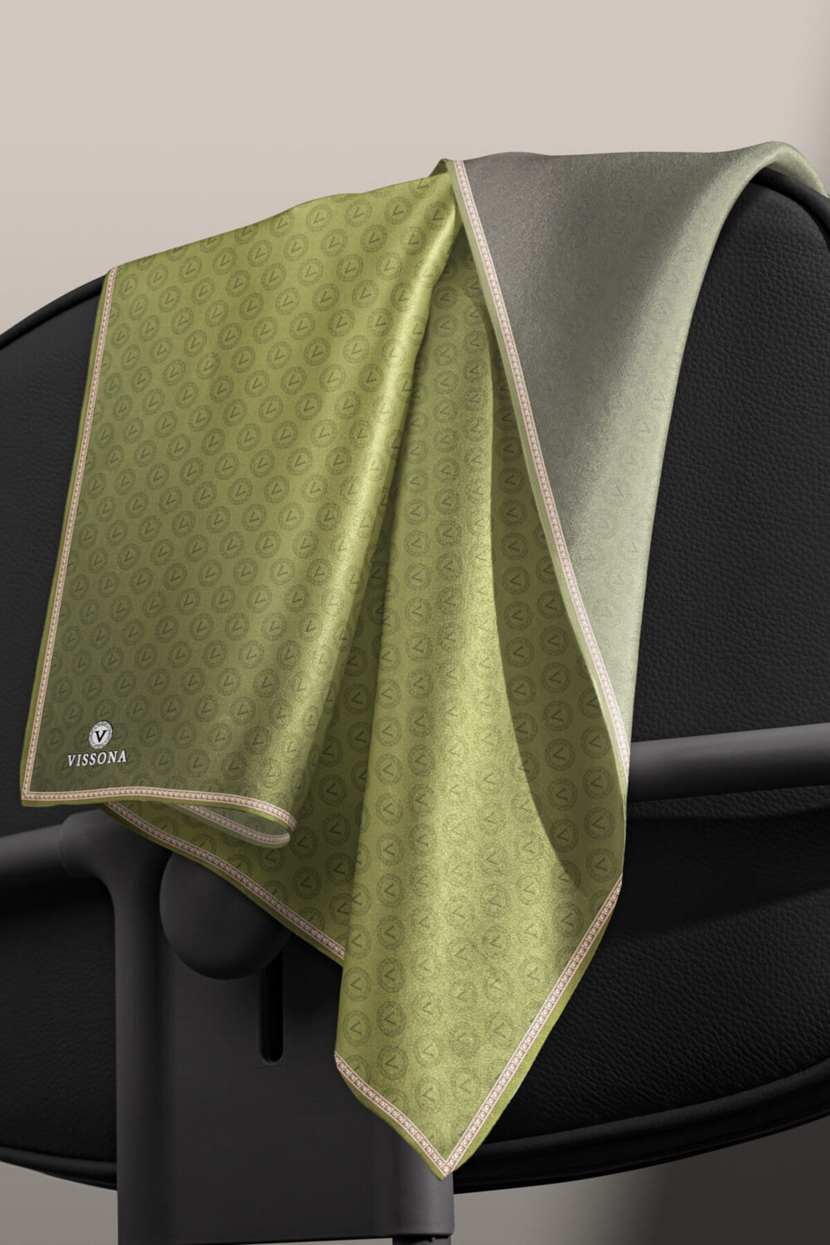 Vissona-Twill Silk Monogram Khaki 100% Hand Sewing Scarf 90X90 Sewing Shape 3