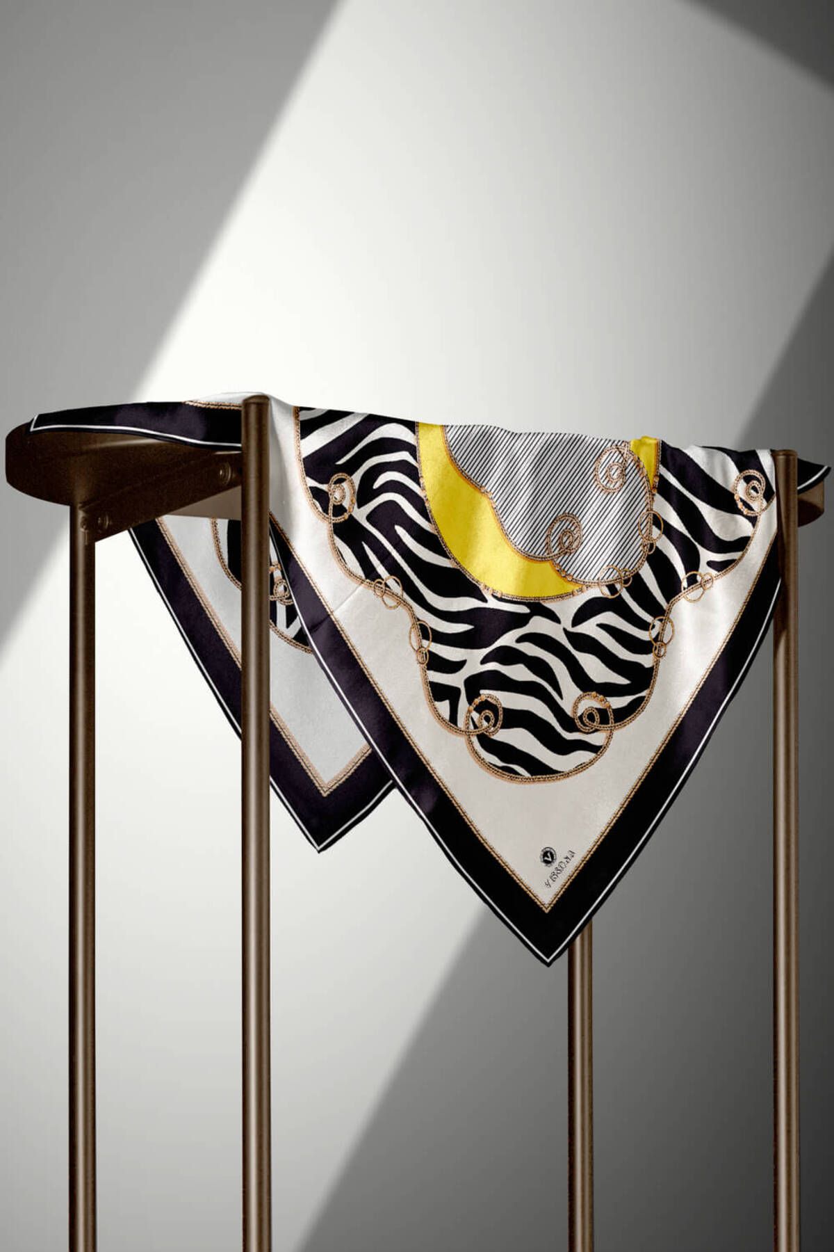 Vissona-100% Twill Silk Chain and Zebra Pattern Black - Lemon Yellow Color 90X90 Scarf Planting Shape: Hand D 4