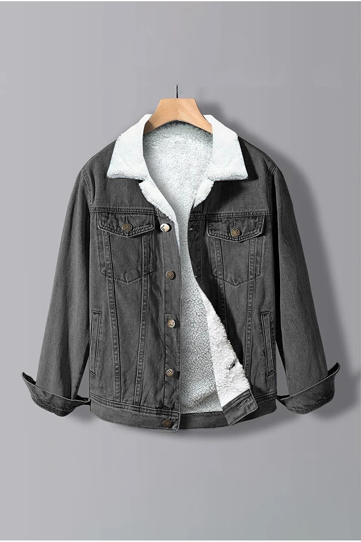 Erkek İçi Kürklü Slim Fit Kot Ceket Gri