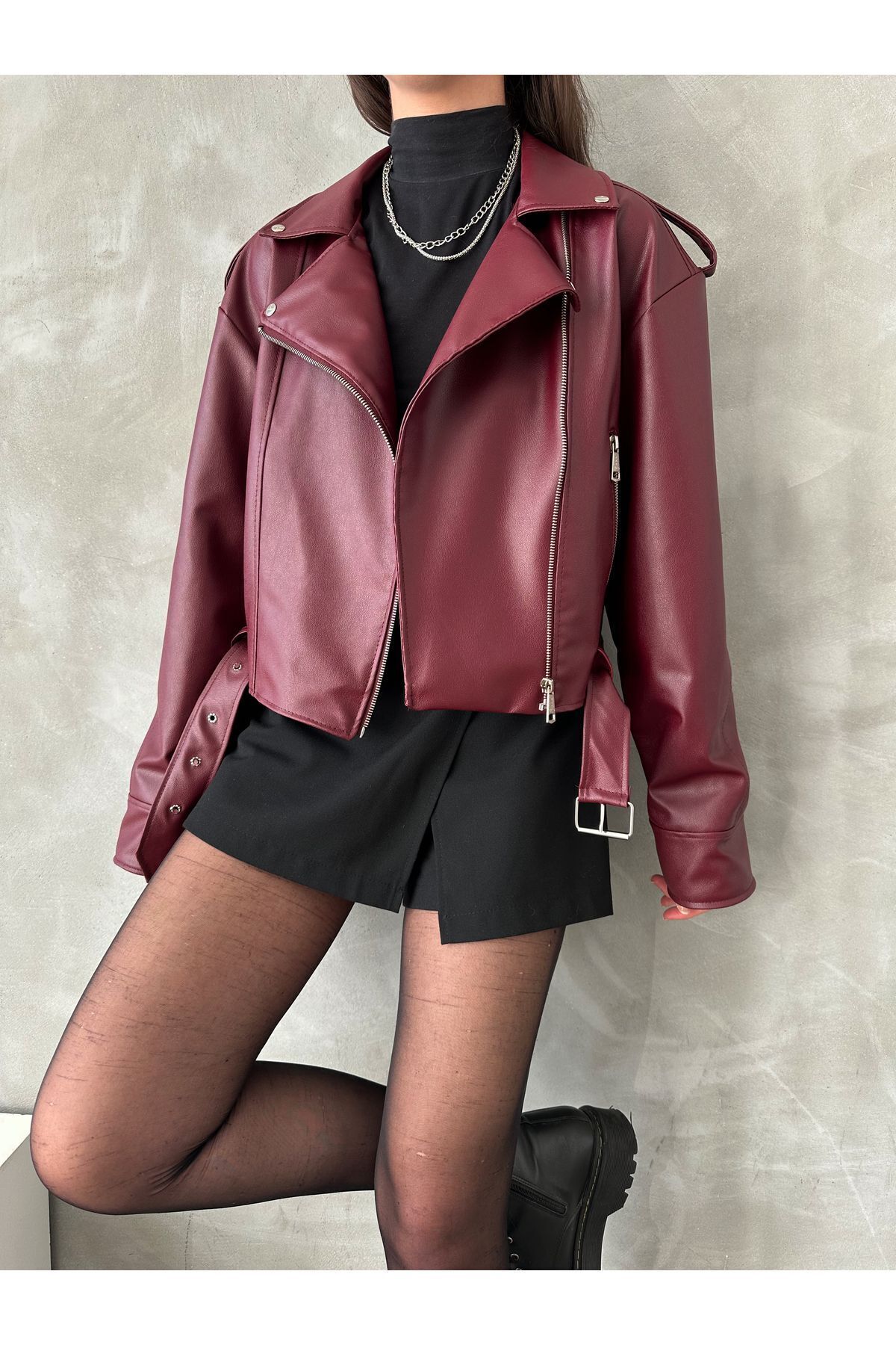 İLKCET MODA  Oversize Kemerli Kadın Tarz Ceket - Görsel 7