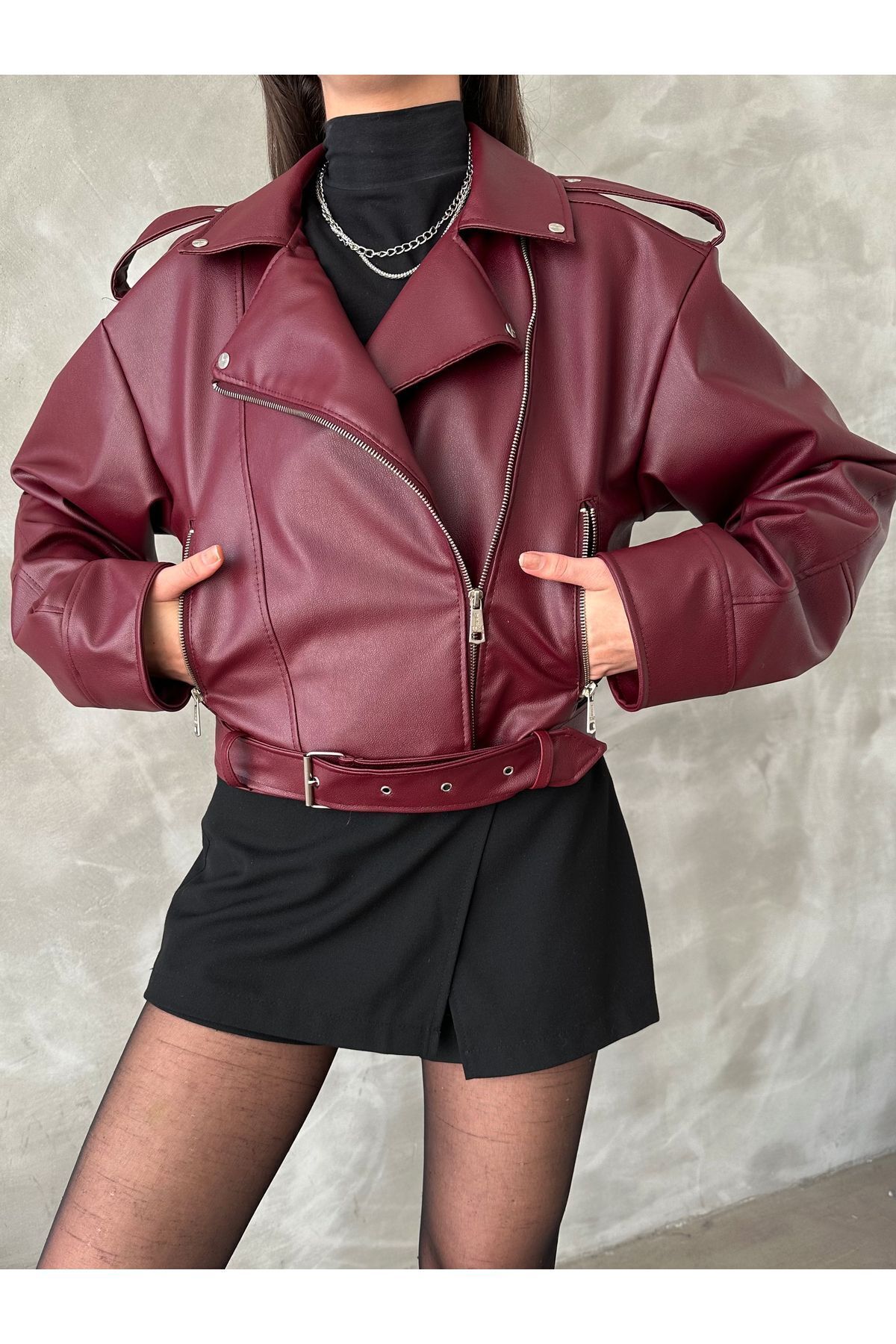 İLKCET MODA  Oversize Kemerli Kadın Tarz Ceket - Görsel 4