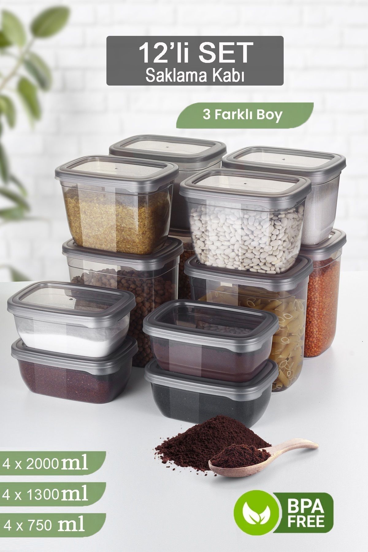 MYBOX-Set of 12 Food Storage Containers - Flour and Pulses Storage Box with Leak-Proof Lid 4X(2000-1300-750ml) 1