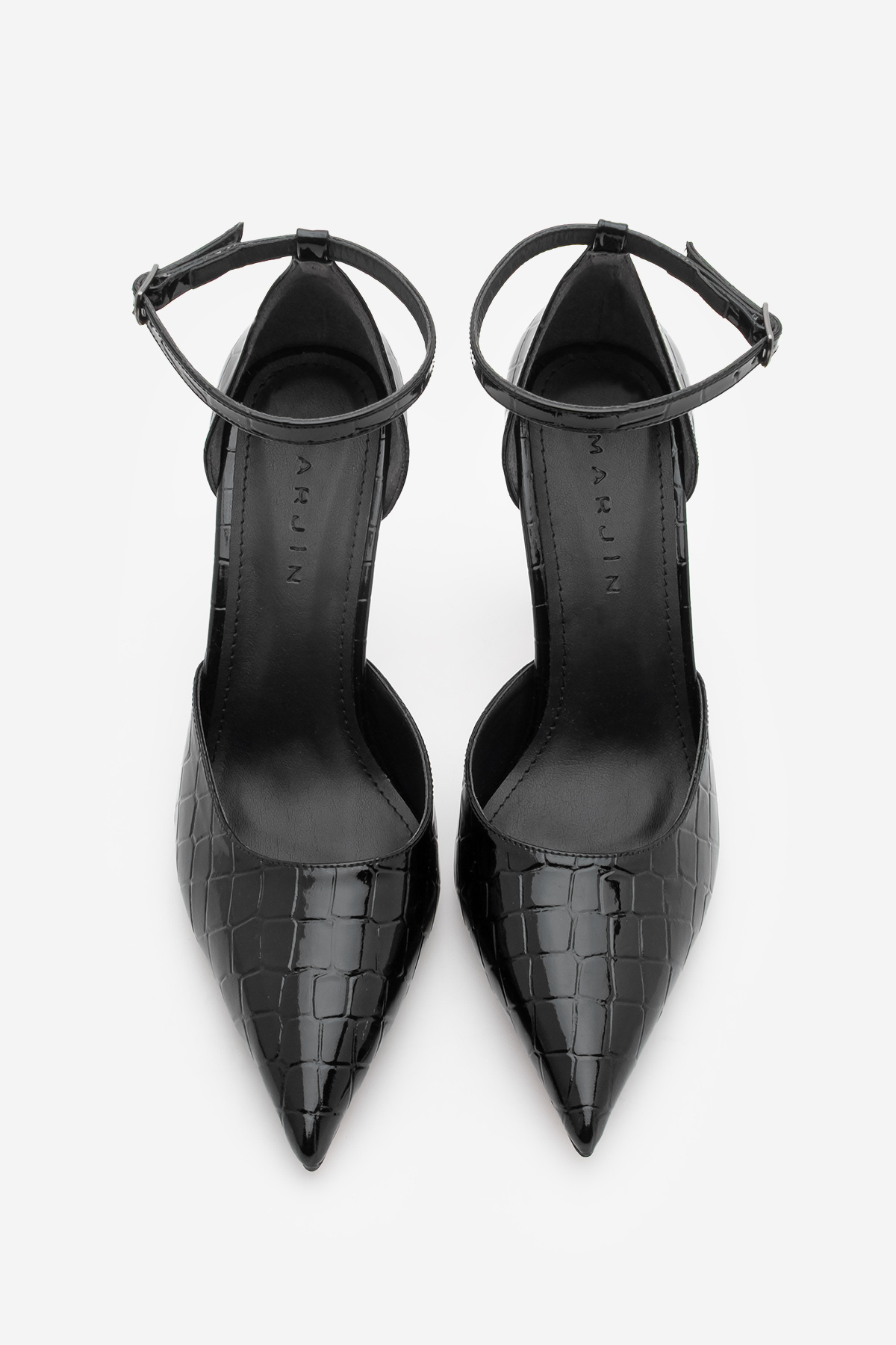 Marjin-Damen-Stiletto-Schuhe mit spitzer Zehenpartie, schwarze Kroko-Absätze, Knöchelriemen 7