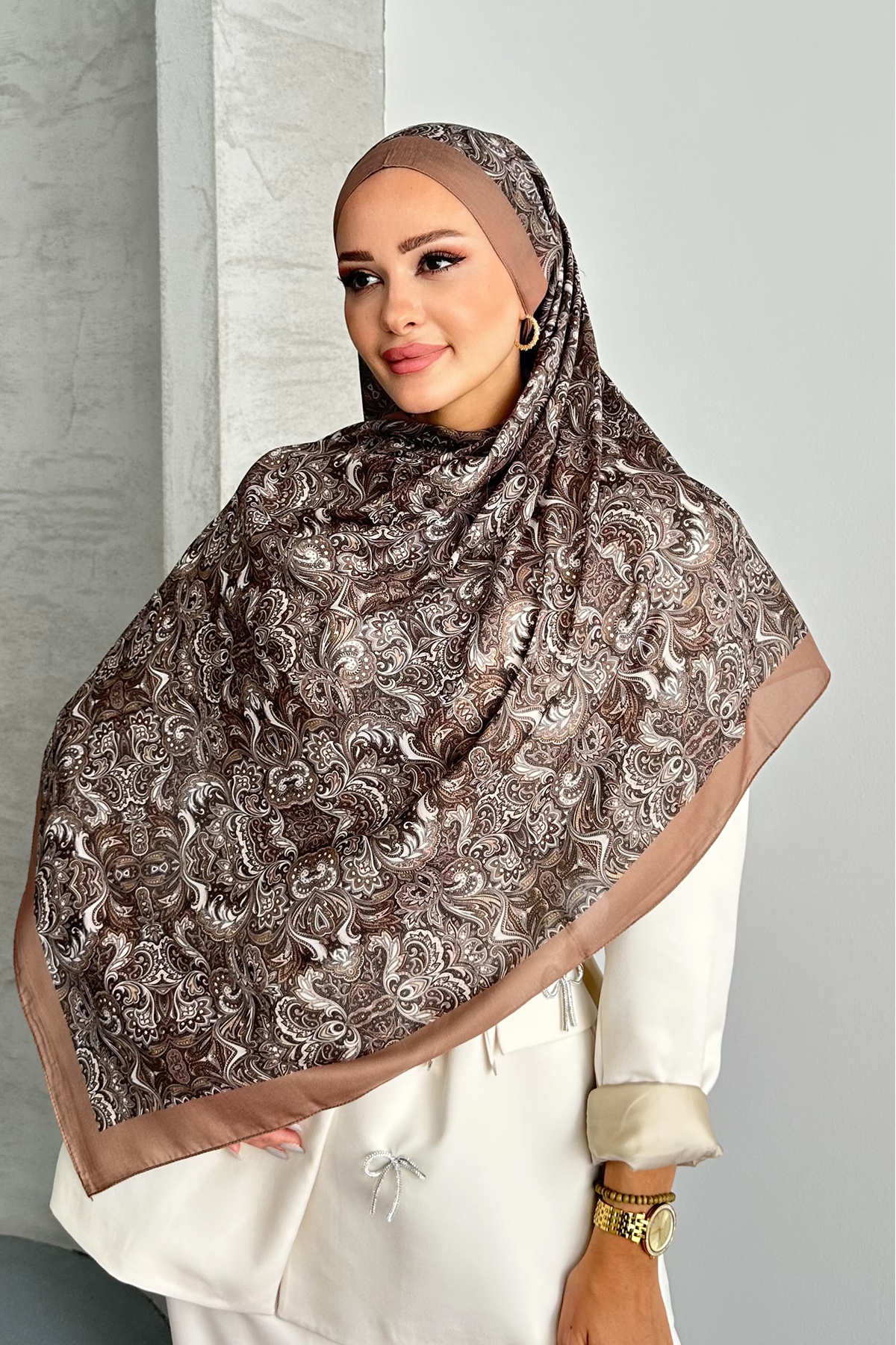 Stella Eşarp-Ethnic Retro Pattern Mink Color Cotton Soft Shawl 5