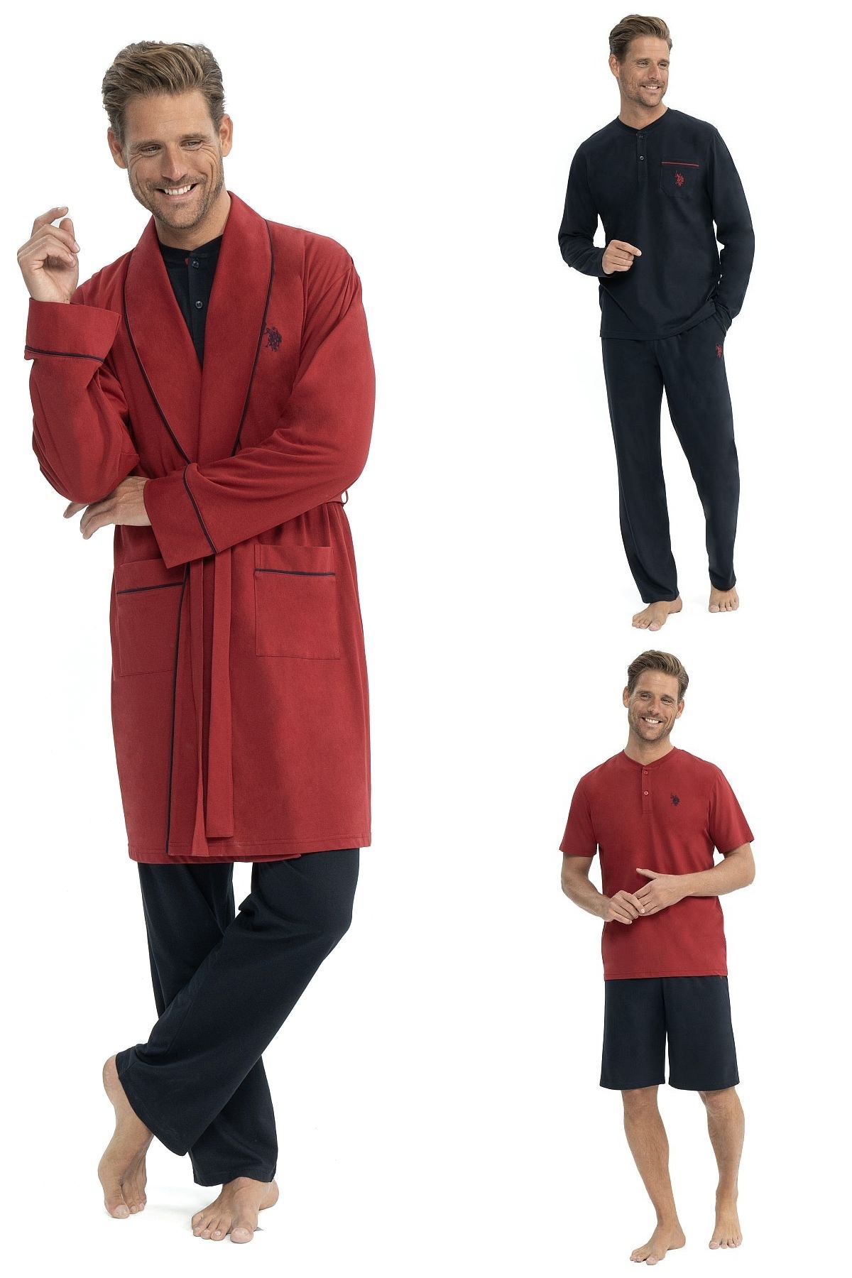 یو اس پولو ست لباس خواب مردانه عروس شامل ۵ لباس خواب به همراه ردا - زرشکی - برند U.S. Polo Assn. 12040