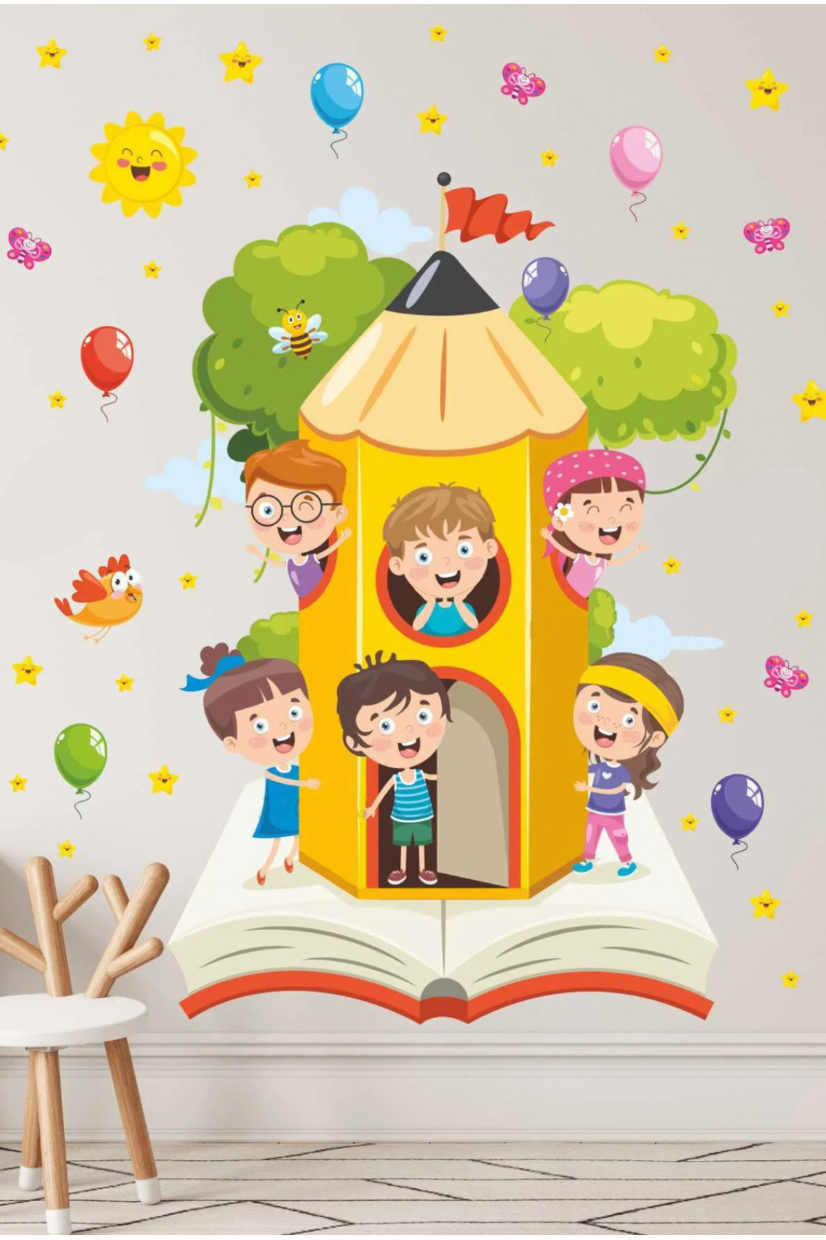 Sim Tasarım Kitap Kalem Ağacı Ve Çocuklar Anaokulu Okul Çocuk Odası Kreş Duvar Kapı Cam Sticker Seti fotoğrafı 2 (önizleme)