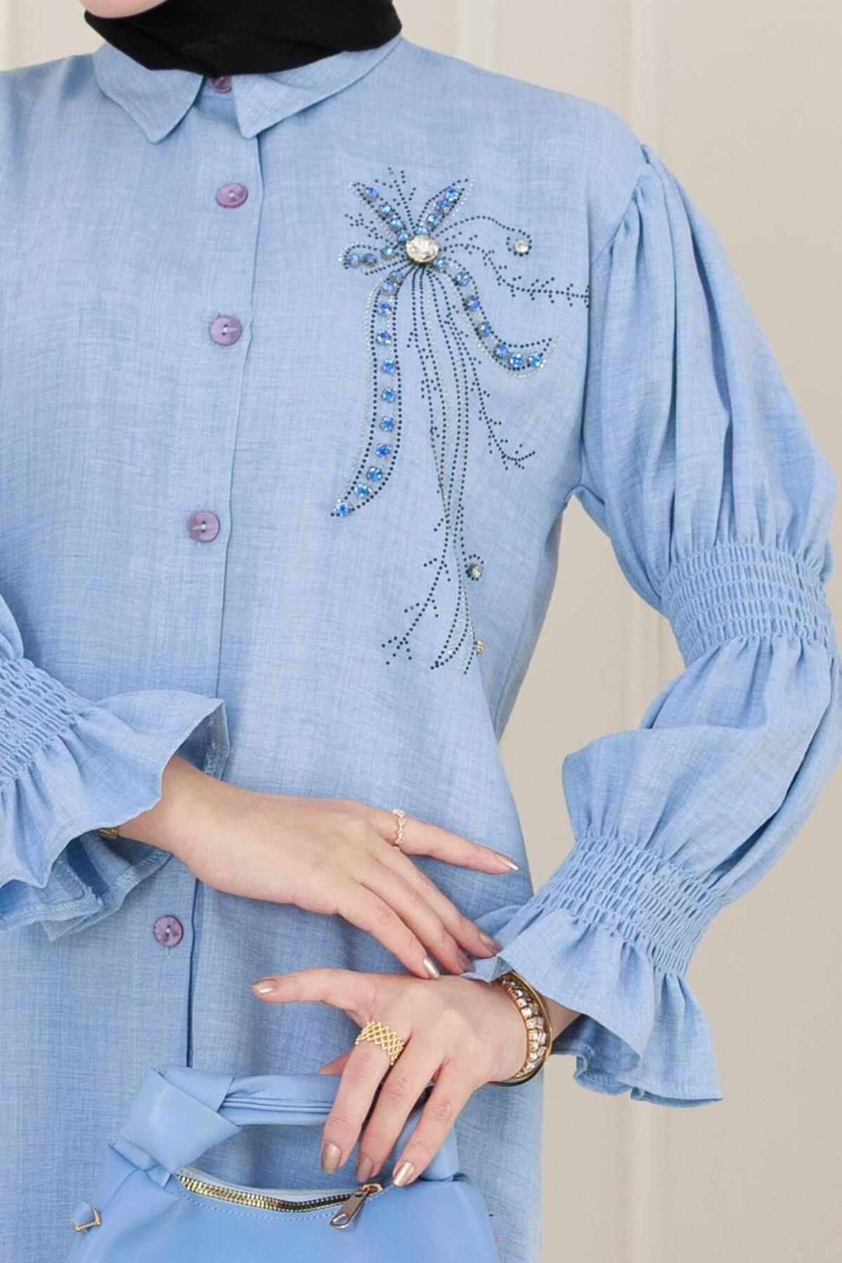 Sevitli-Double Suit with Stones on the Front and Elasticized Sleeves - Baby Blue 4