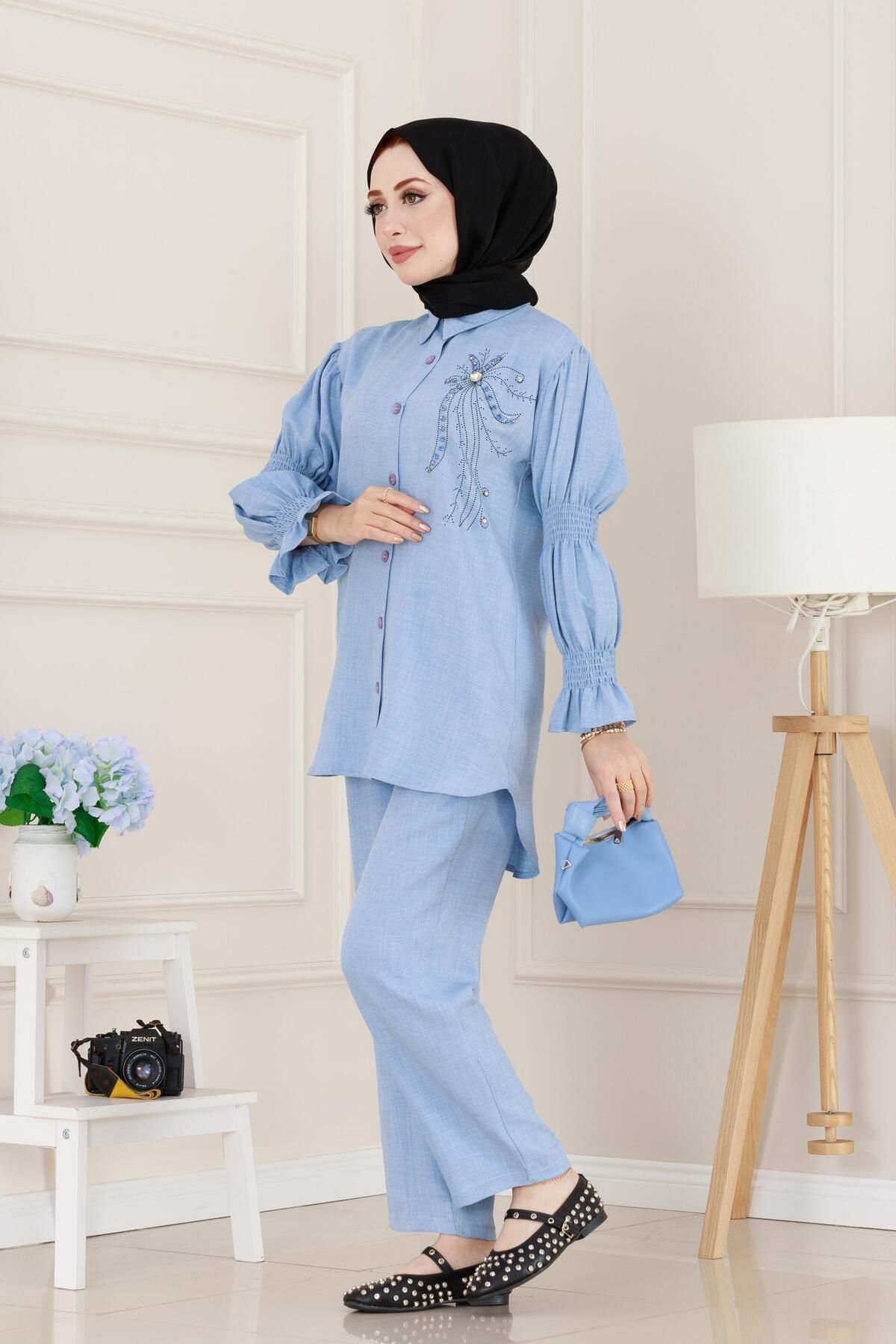Sevitli-Double Suit with Stones on the Front and Elasticized Sleeves - Baby Blue 3