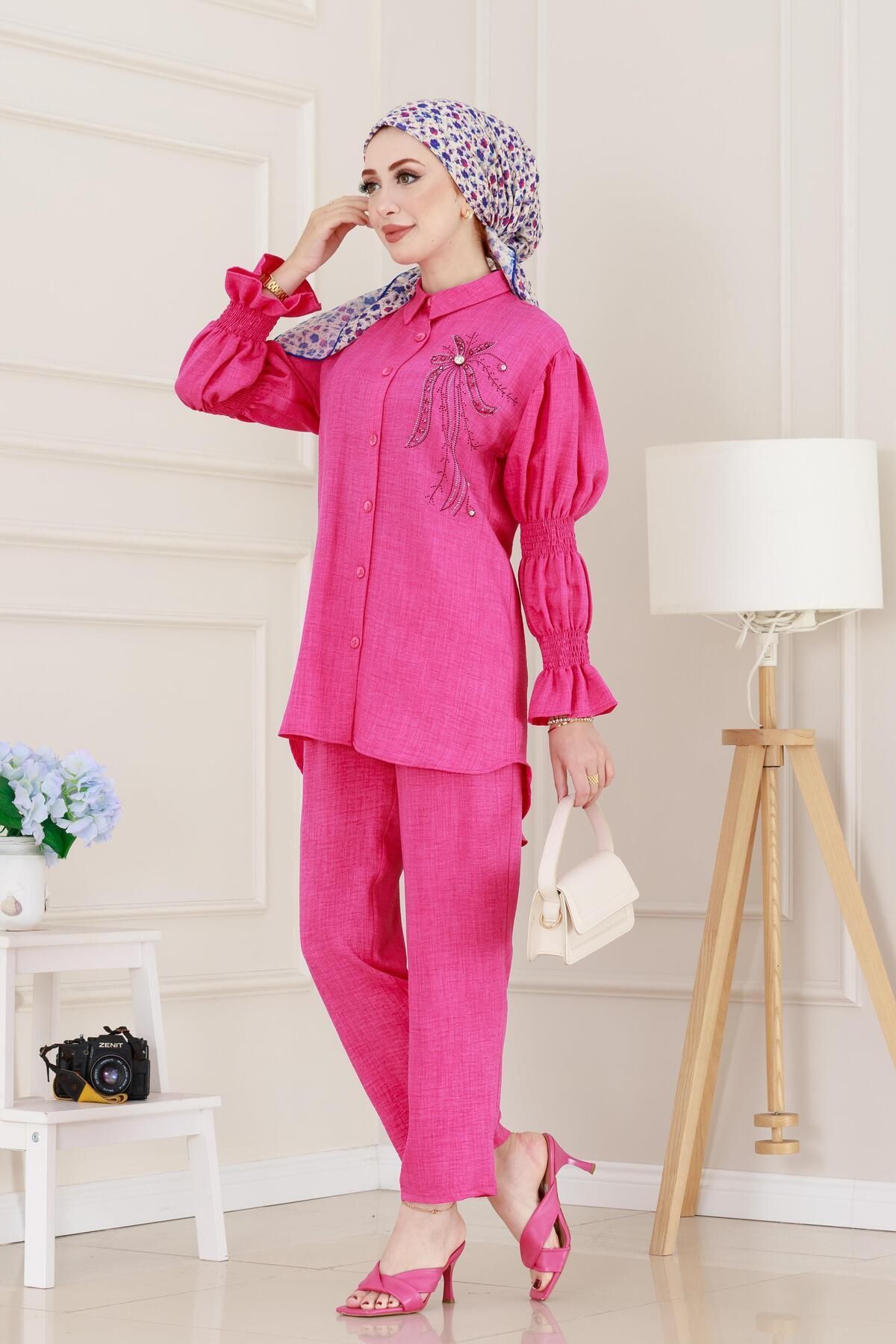 Sevitli-Double Suit with Stones on the Front and Elastic Sleeves - Fuchsia 3