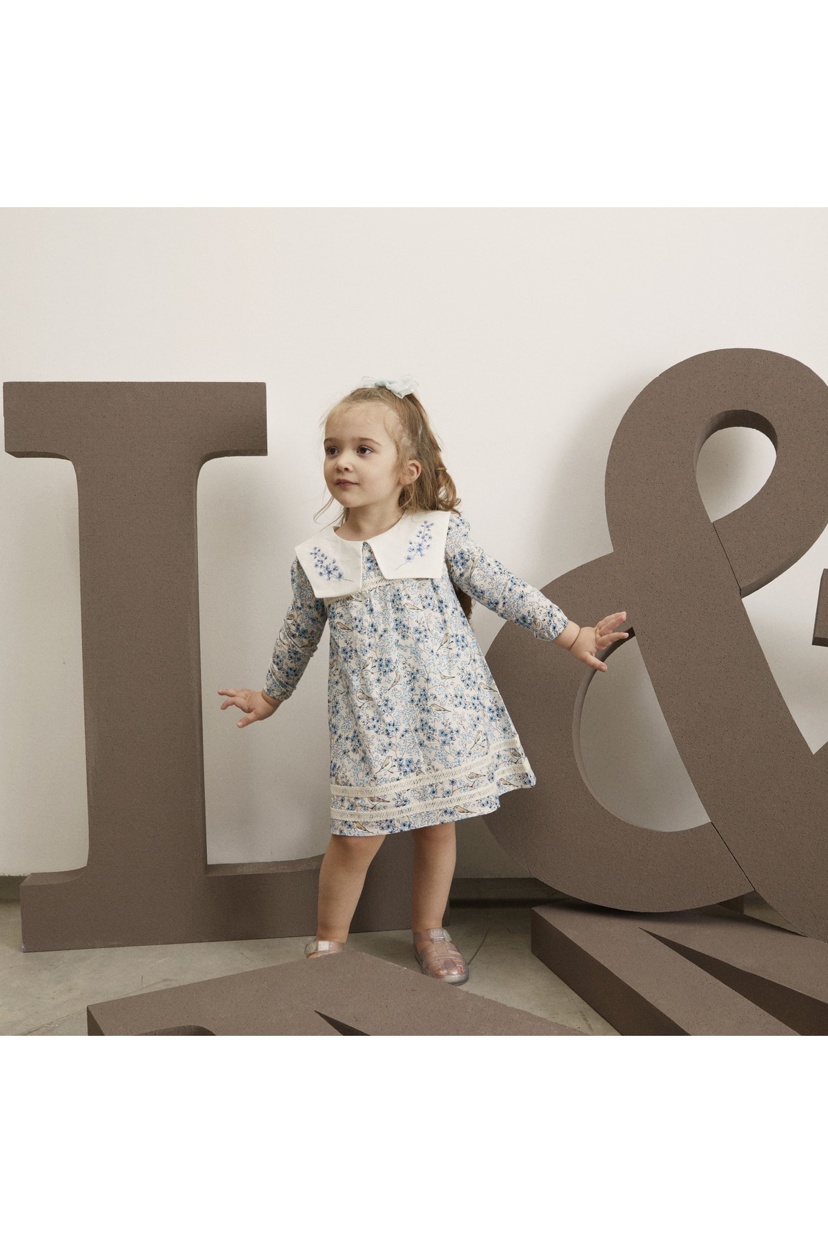 Maya And Luca Bloomy Spring Desenli Uzun Kollu Motif İşlemeli Mavi Elbise fotoğrafı 2 (önizleme)