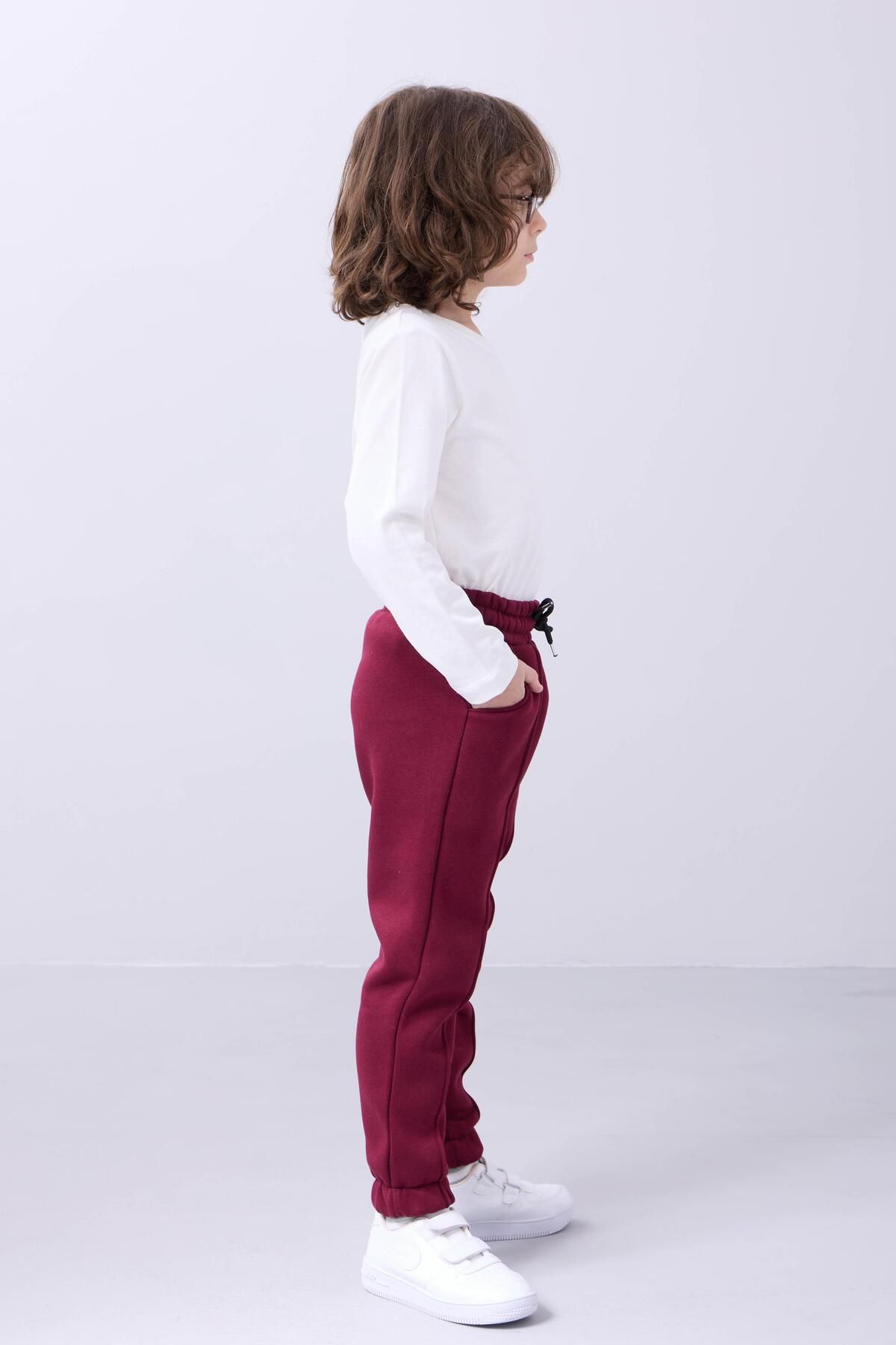 Perendi-Comfortable Unisex Children's Sweatpants with Elastic and Fleece Inside Pockets Claret Red 4