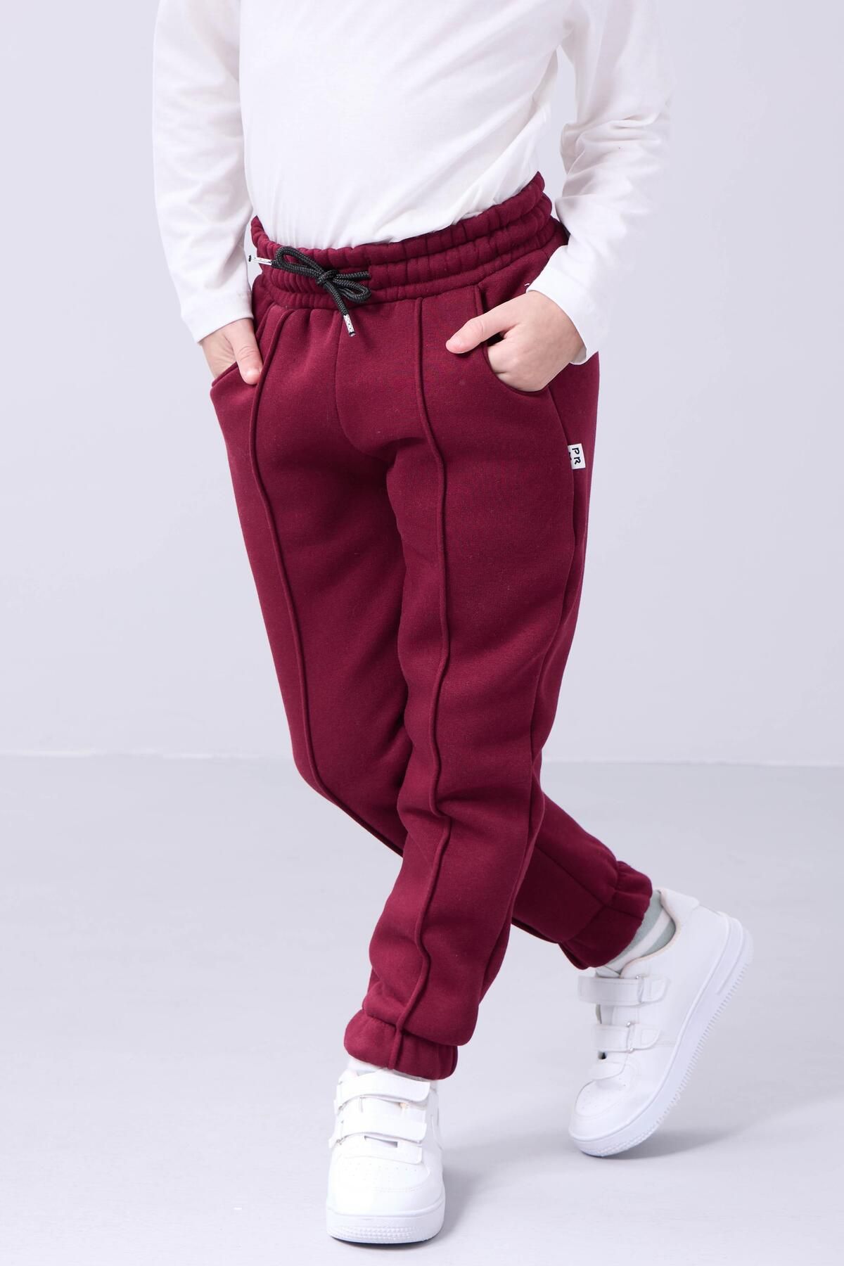Perendi-Comfortable Unisex Children's Sweatpants with Elastic and Fleece Inside Pockets Claret Red 7