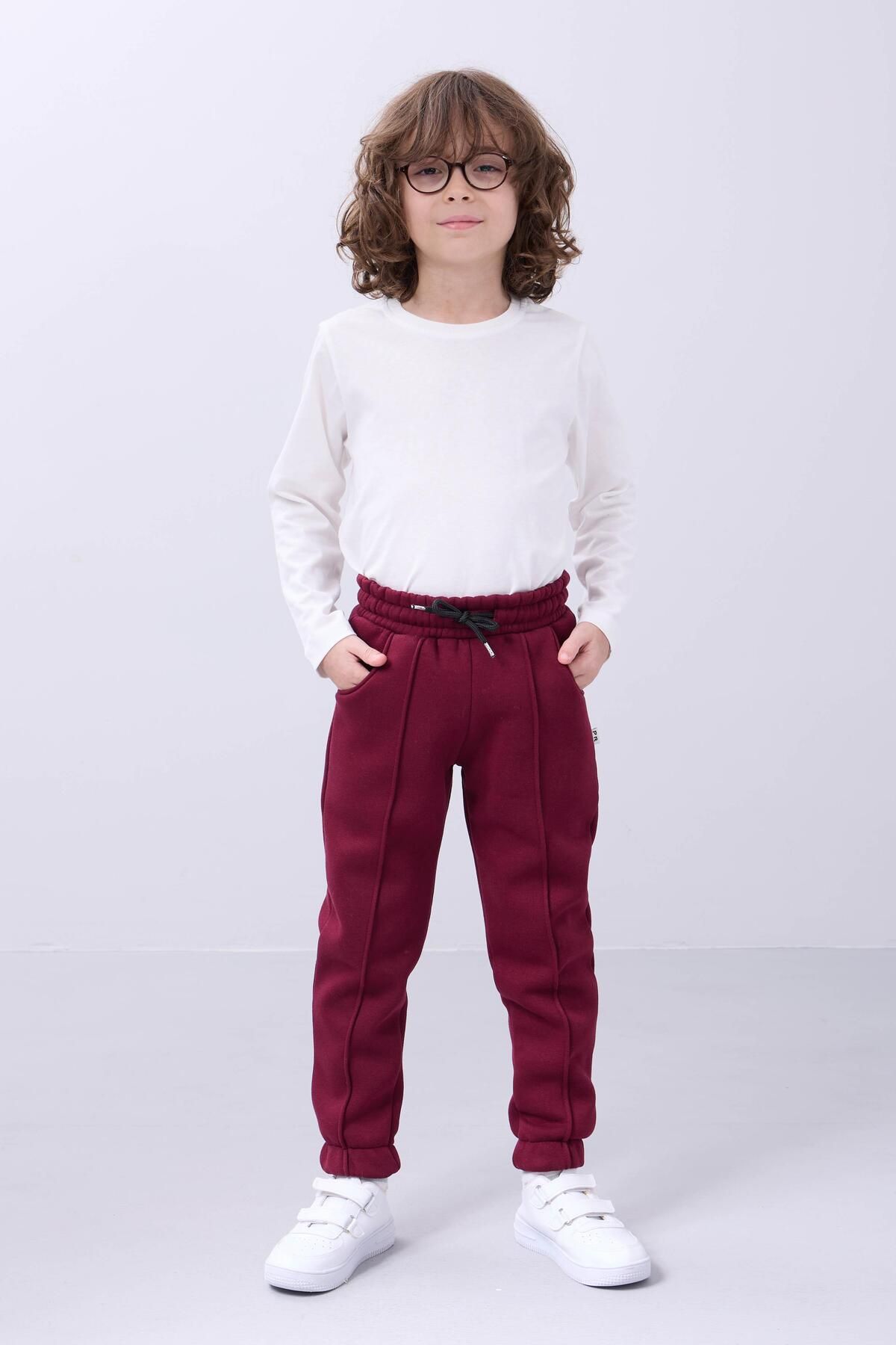 Perendi-Comfortable Unisex Children's Sweatpants with Elastic and Fleece Inside Pockets Claret Red 3