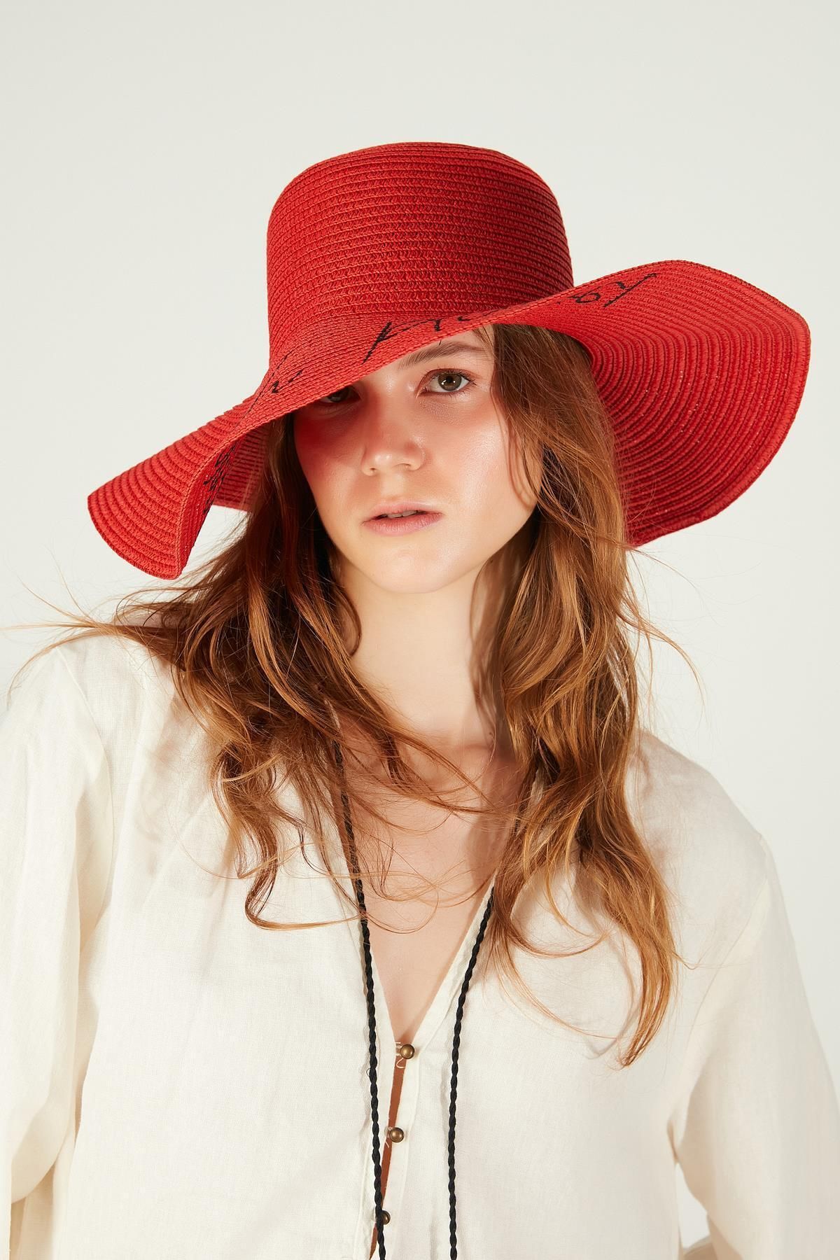 Axesoire-14232-9 Beach Please - Red Straw Flared Hat 4