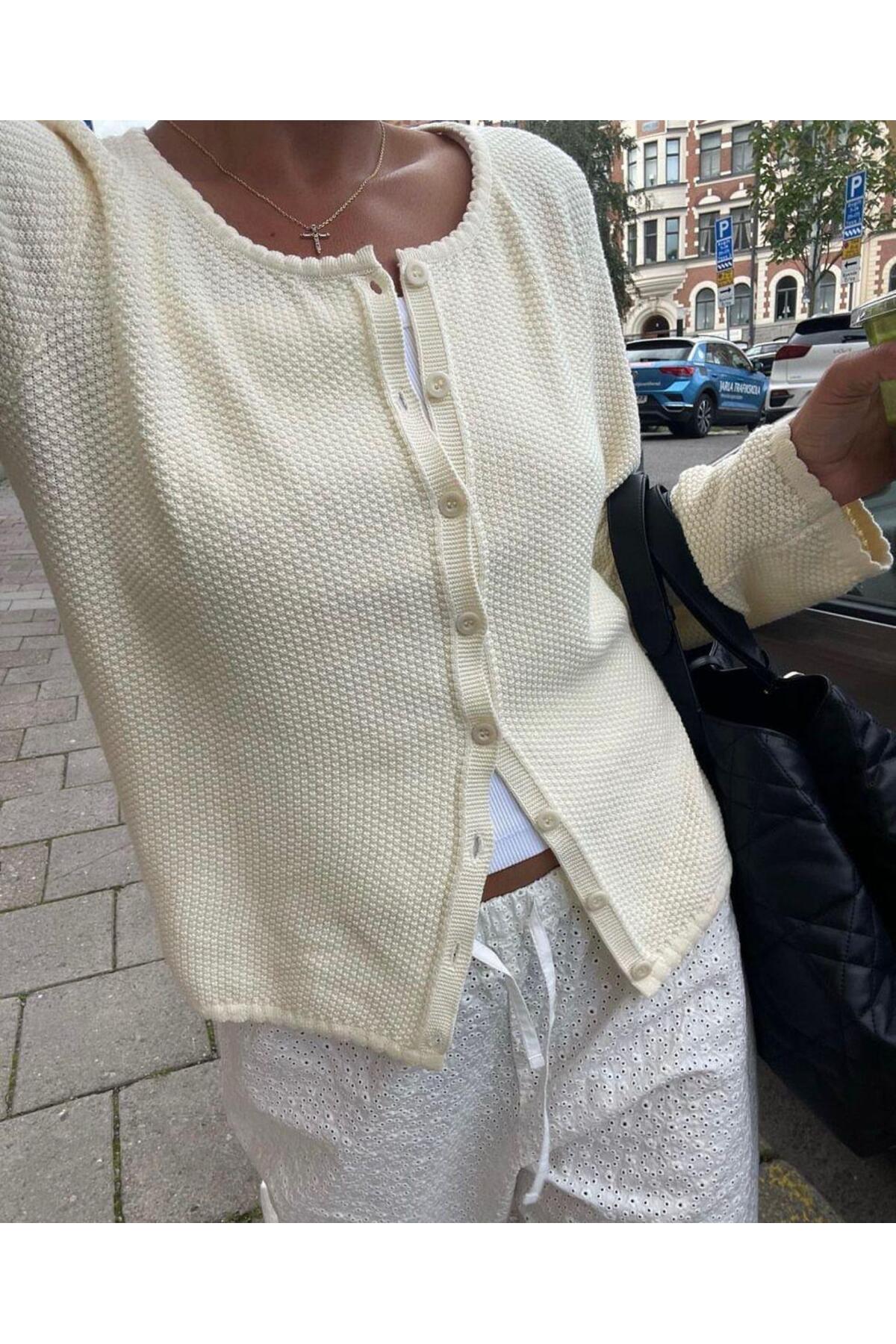 De Pose  Kadın Limon Sarısı Petek Örgü Düğmeli Triko Hırka - Görsel 4