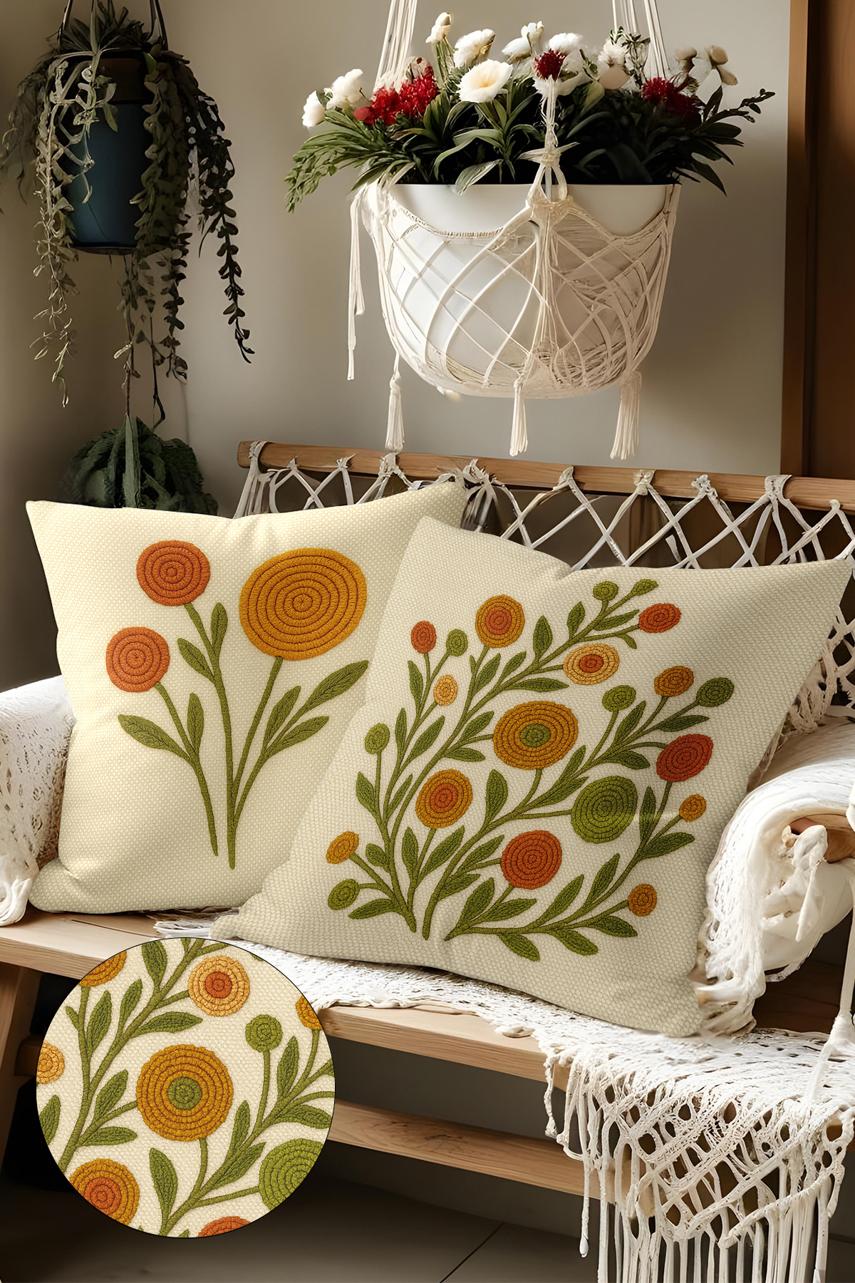 Belle Benoit-Set of 2 Embroidery Patterned, Double-Sided Printed, Decorative Throw Pillow Case – Bohemian Style, Zippered 1