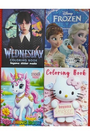 bundle island 4 adet stickerli boyama kitabı (hello kitty,elsa,wednesday,unic...