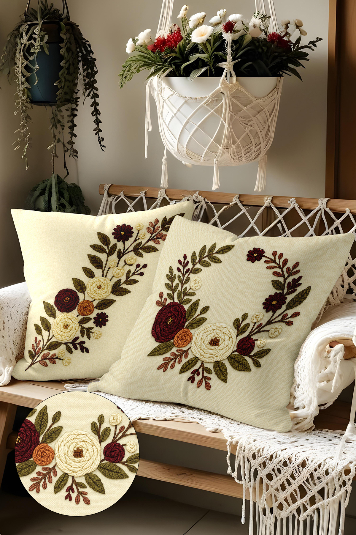 Belle Benoit-Set of 2 Embroidery Patterned, Double-Sided Printed, Decorative Throw Pillow Case – Bohemian Style, Zippered 1