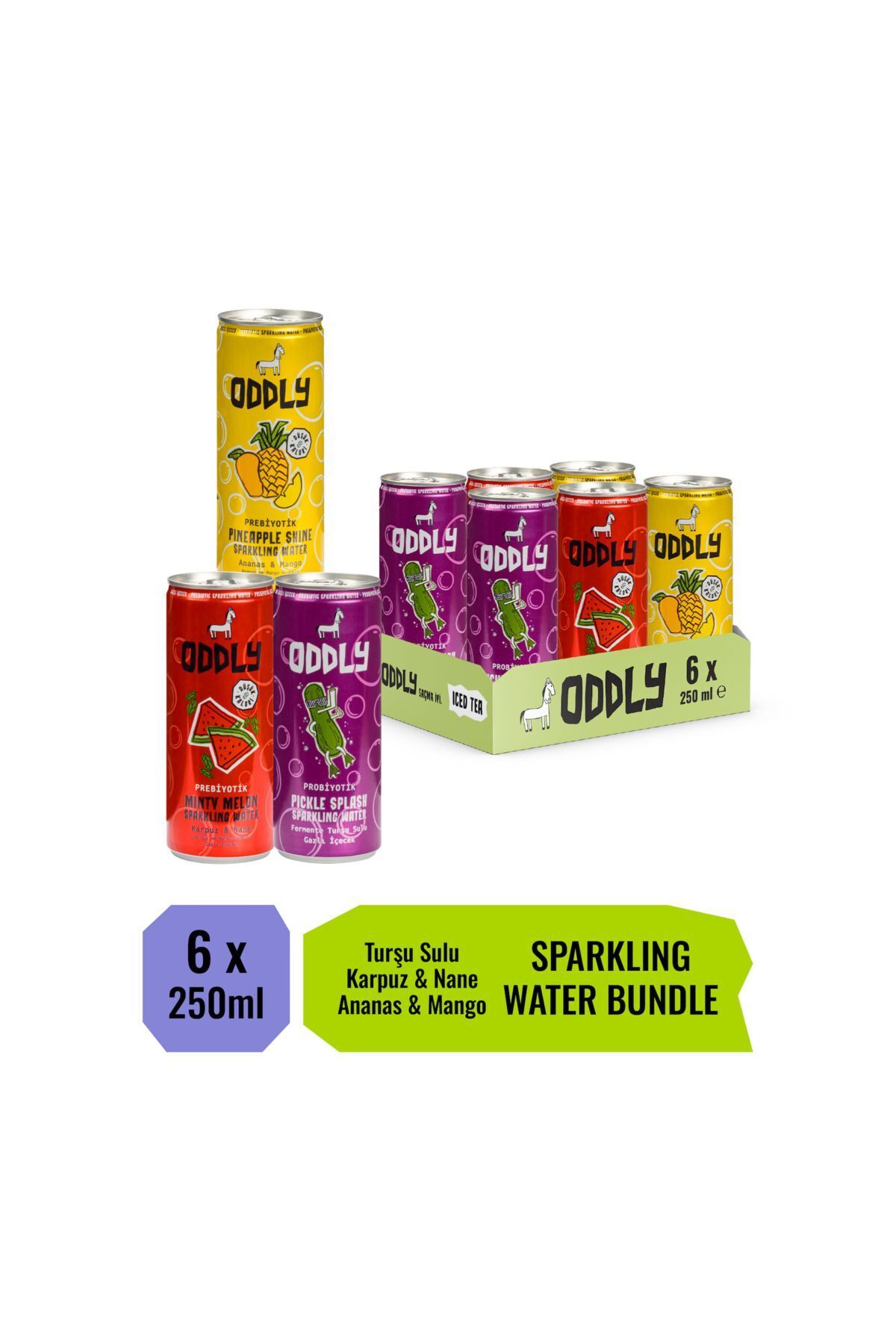 ODDLY Bu üçlü çok güçlü! Gaza gelmiş Turşu Suyu, Karpuz-Nane, Ananas-Mango Gazlı İçecek Kutu 250 ml 6 Adet