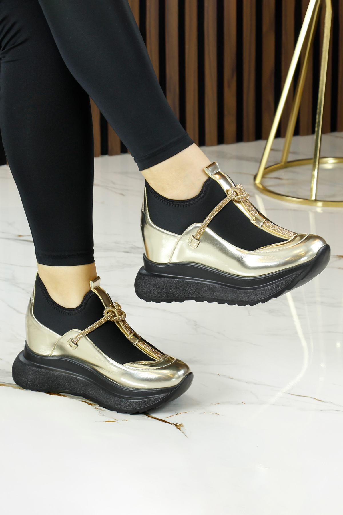 Erkan Saçmacı-Josefina Gold Stretch Stone Hidden Wedge Heeled Casual Shoes 1