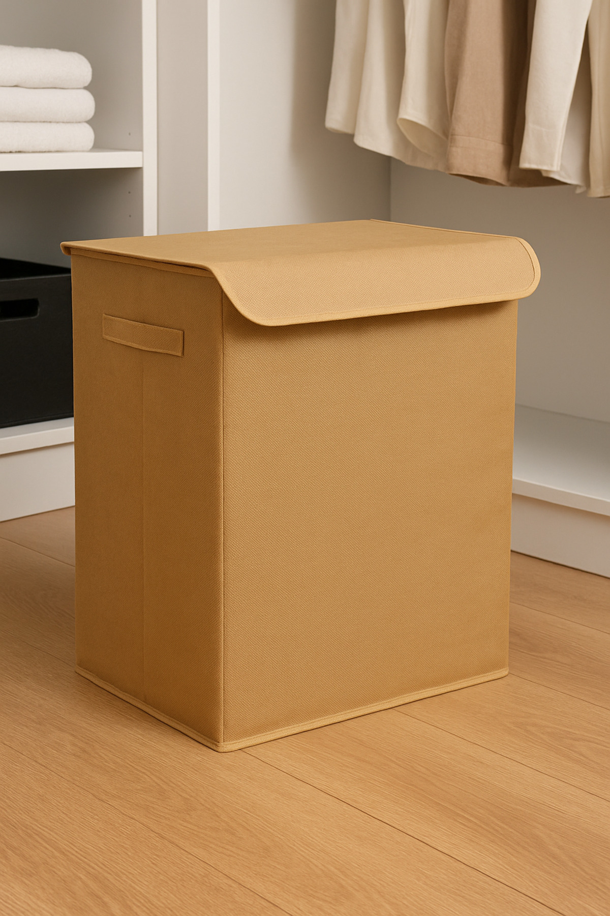 PH Prendi Home Bej Kapaklı Katlanır Kirli Çamaşır Çocuk Odası Oyuncak Saklama Kutusu Sepet 40x50x30
