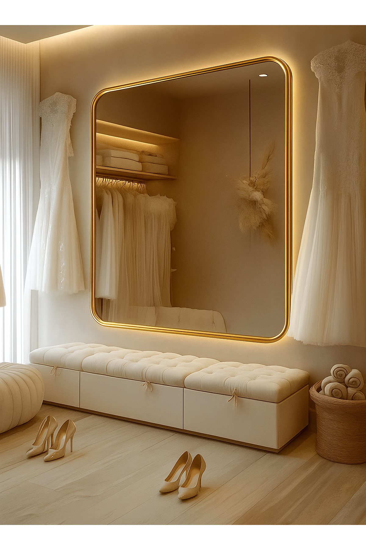 Taimi-Wall Mirror70x70cm-Elegant Design Mirror with 3-Back Light Levels Golden Frame-for Makeup,Enterway 1