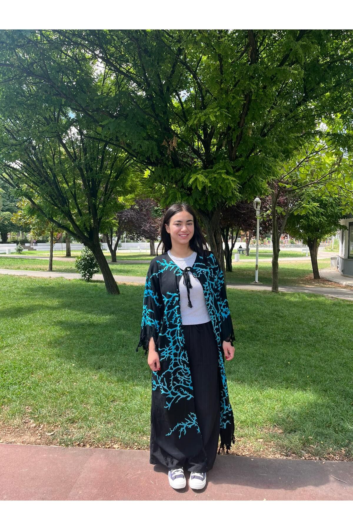 Sobe Hediyelik-Turquoise Branch Patterned Black Tie-Up Loose Kimono Kaftan - Standard Size 3