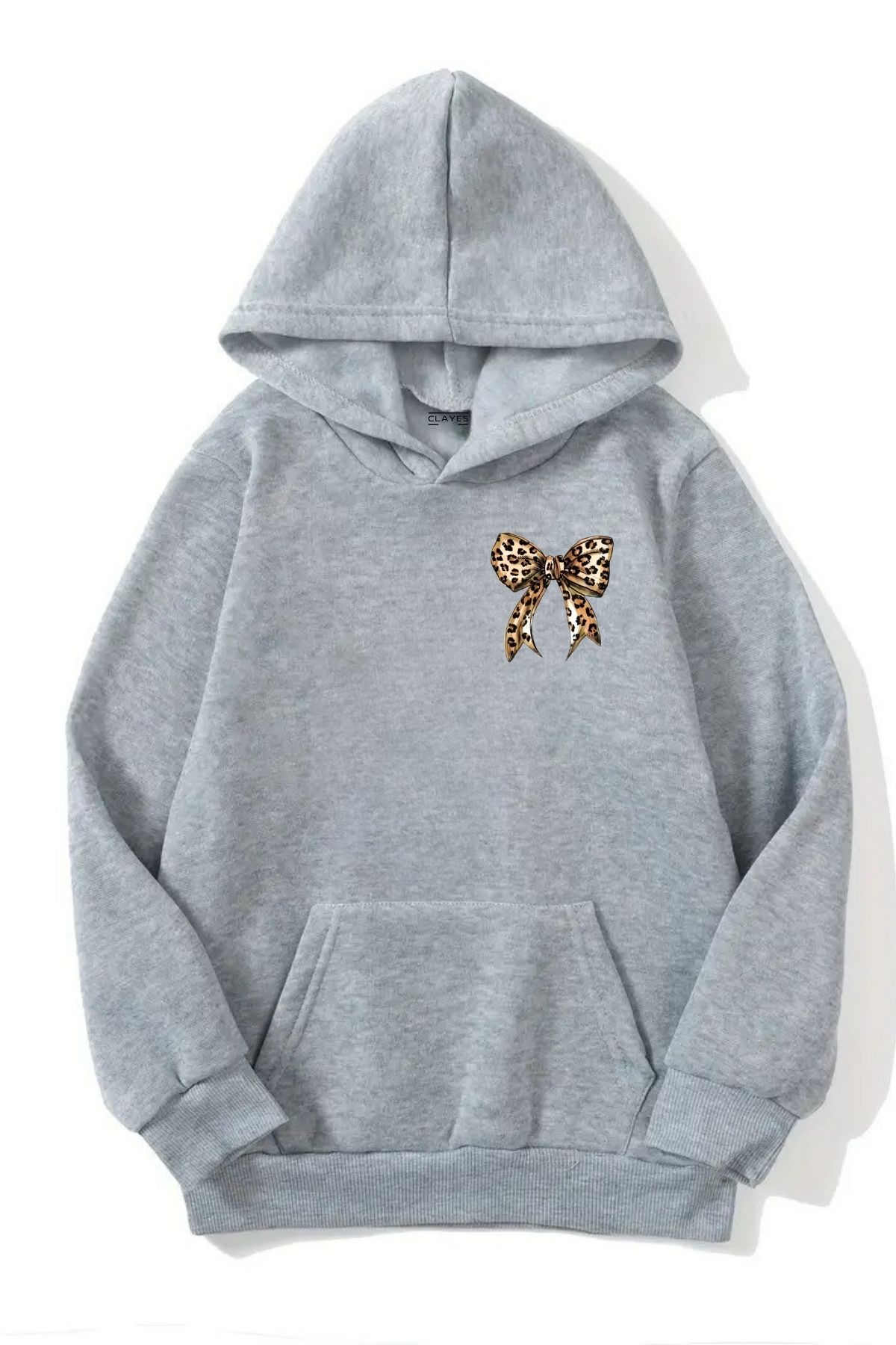 CLAYES-Unisex Gray Hooded Sweatshirt – Minimal Leopard Ribbon, Thick Fabric with Embossment 1
