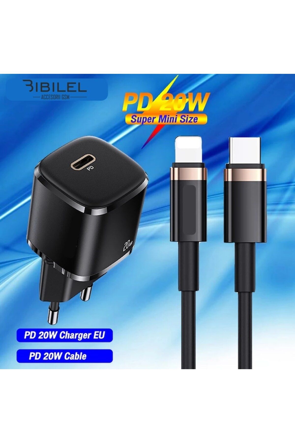 Bibilel-Set încărcător PD 20W + cablu de date USB-C la Lightning 1,2 m, Negru, KOF-BBL5912 3