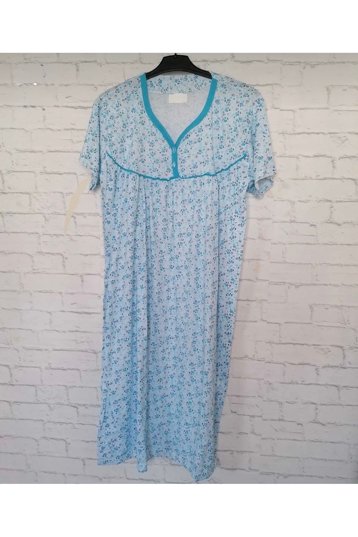 SayaSocks Kısa Kollu Çiçekli Mavi Anne Geceliği