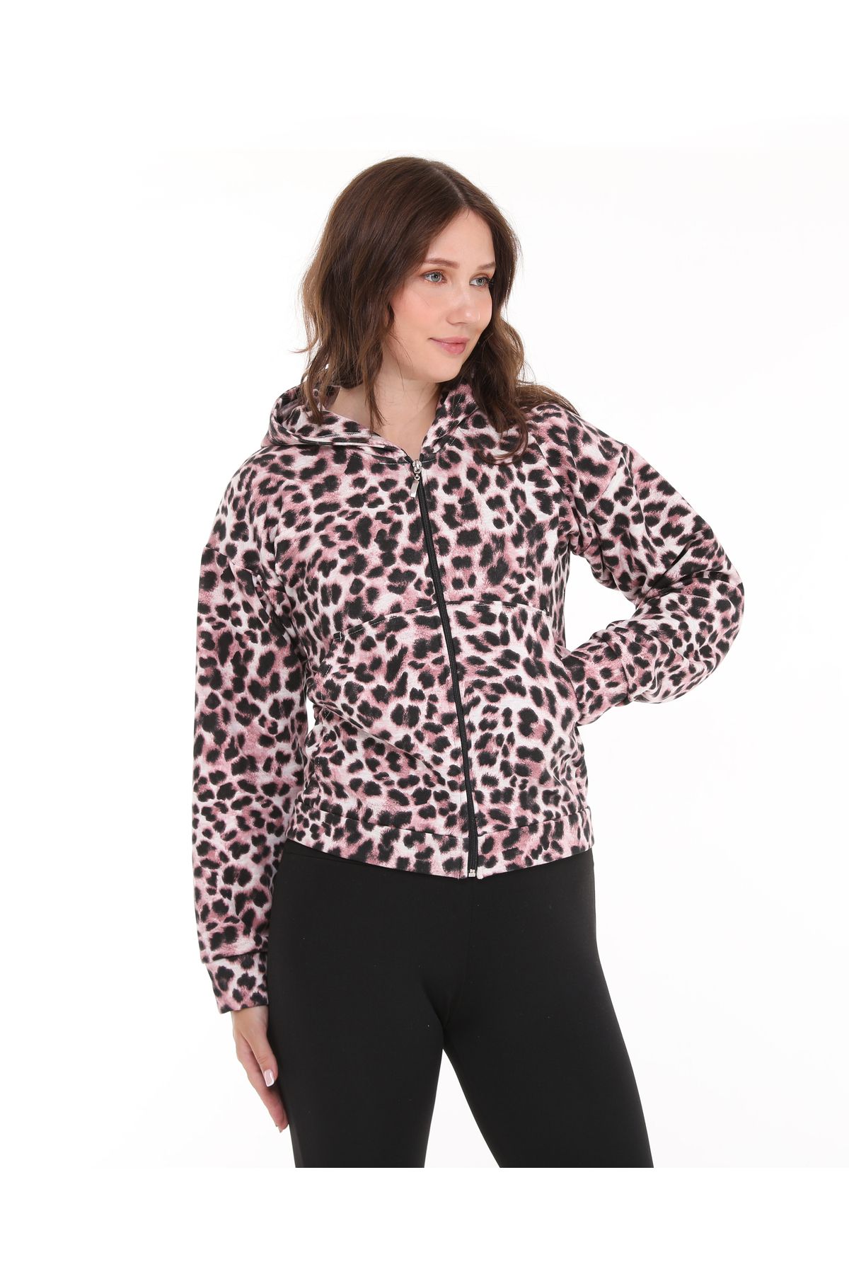 BNZ TEKSTİL-Three Thread Shardon Hooded Zippered Leopard Pattern Tracksuit Top, Jacket 3