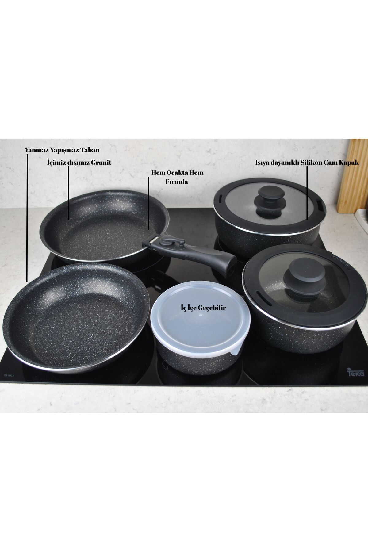 Qualitev-9 Piece Granite Coated Pot and Pan Set with Plug and Remove Handles Nested Cooking Storage Black 2