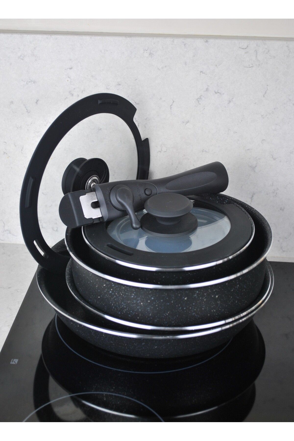Qualitev-9 Piece Granite Coated Pot and Pan Set with Plug and Remove Handles Nested Cooking Storage Black 8