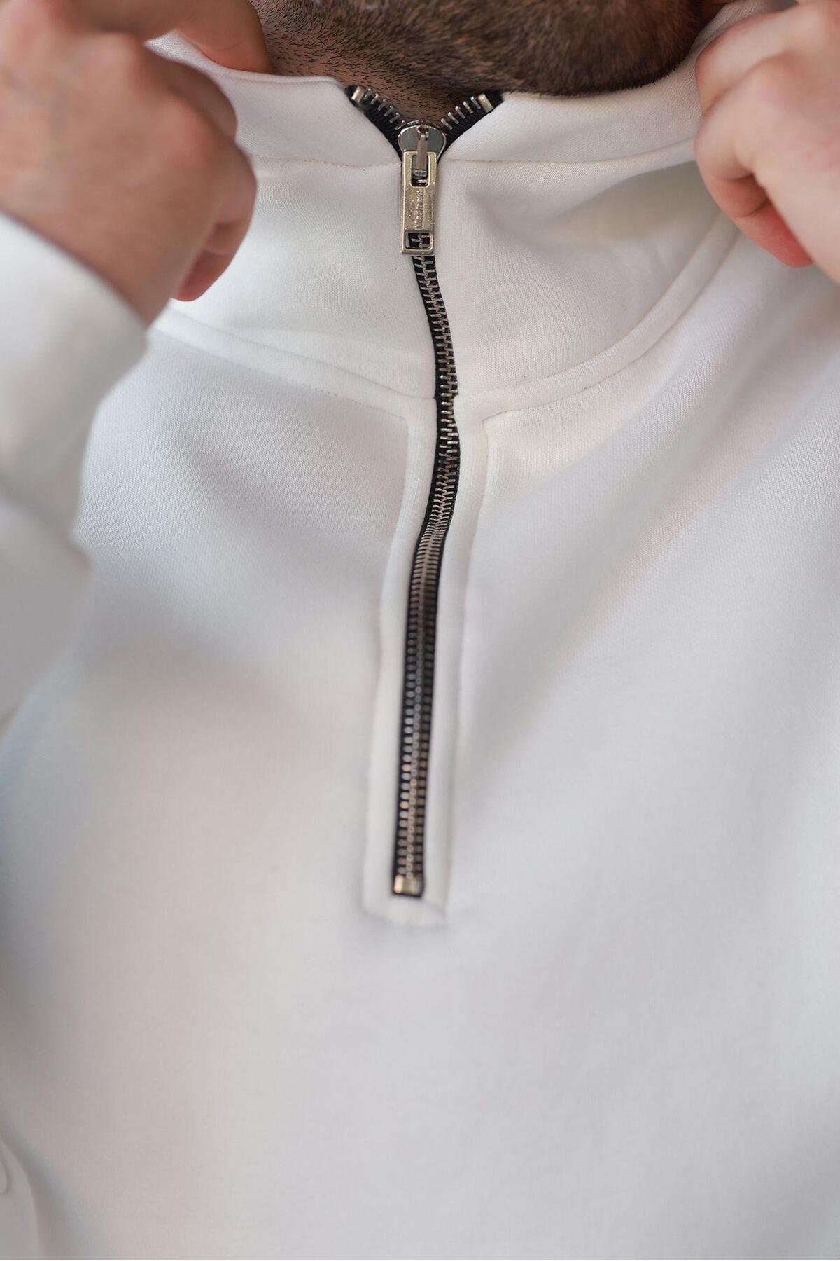 Madmext Ekru Fermuarlı Yaka Kapüşonlu Erkek Sweatshirt E7161 görsel 3