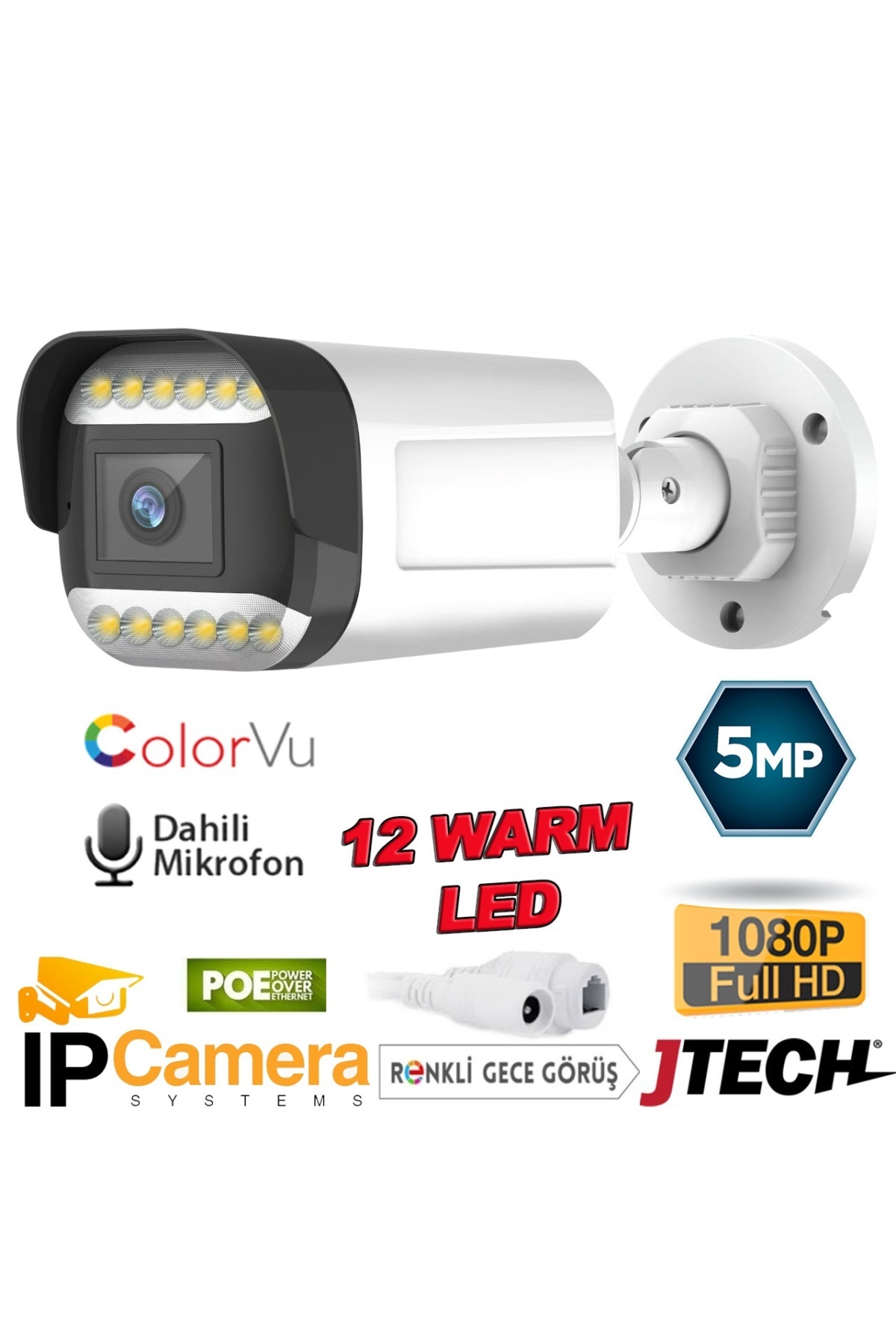 jetucuzal J-TECH JT-9070 5MP SESLİ IP Bullet 12 LED PoE 3.6MM Network Kamera Gece-Gündüz Renkli Görüntü