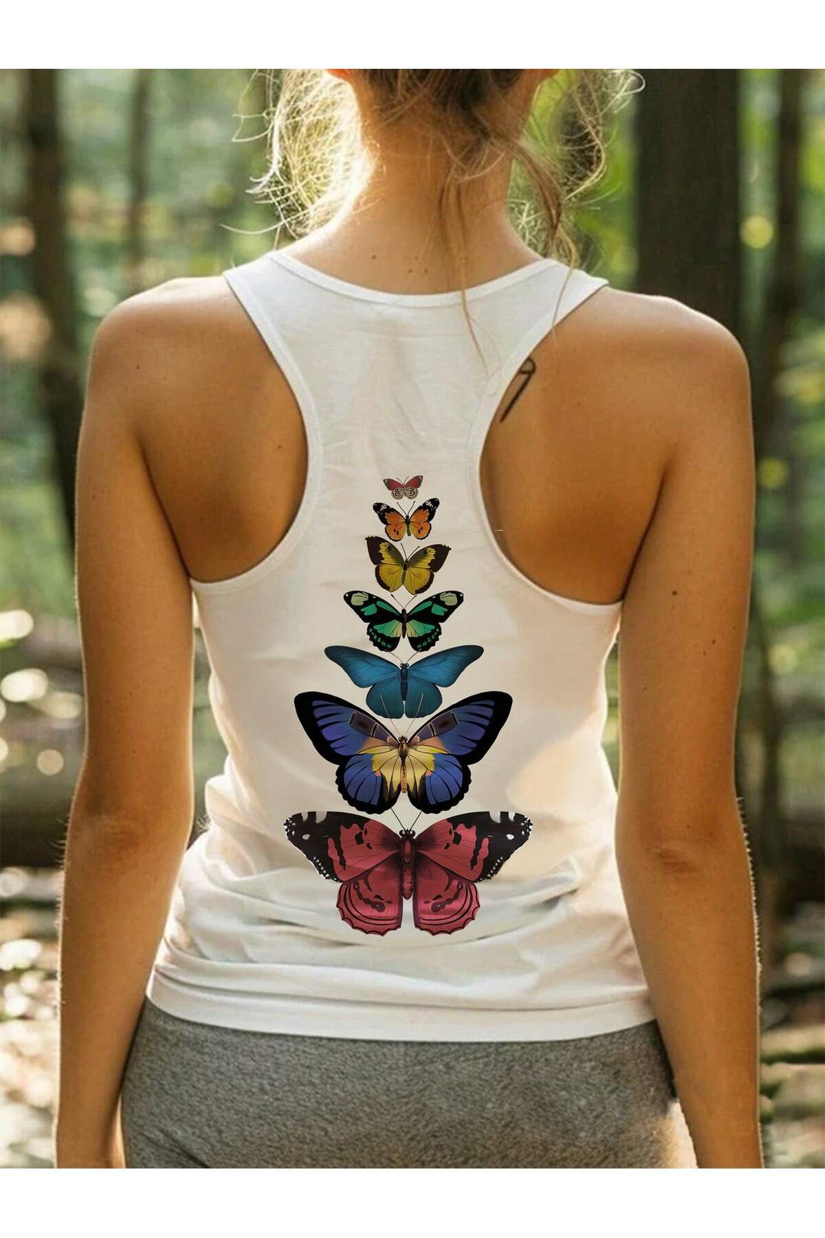 Deocept  Kadın Sırt Kelebek Baskılı Slim Fit Oyuk Yaka Yüzücü Atlet T-shirt